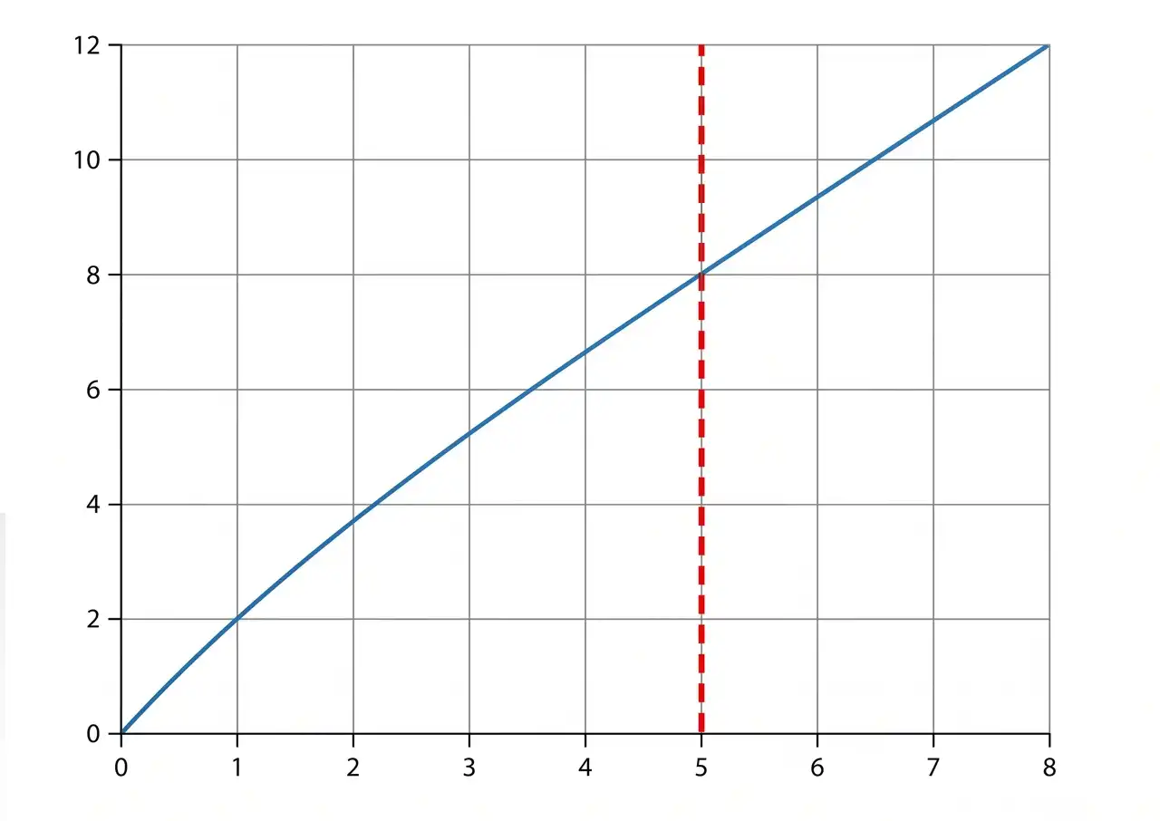 Diagramm mit einer blauen Kurve, die bei null beginnt und bei 8 steil ansteigt, und einer roten gestrichelten Linie bei 5.