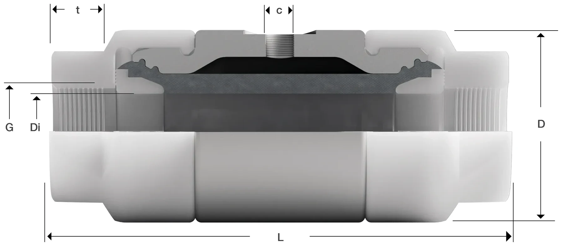 Technical drawing of pinch valve series 10 with dimensions of connections and overall length