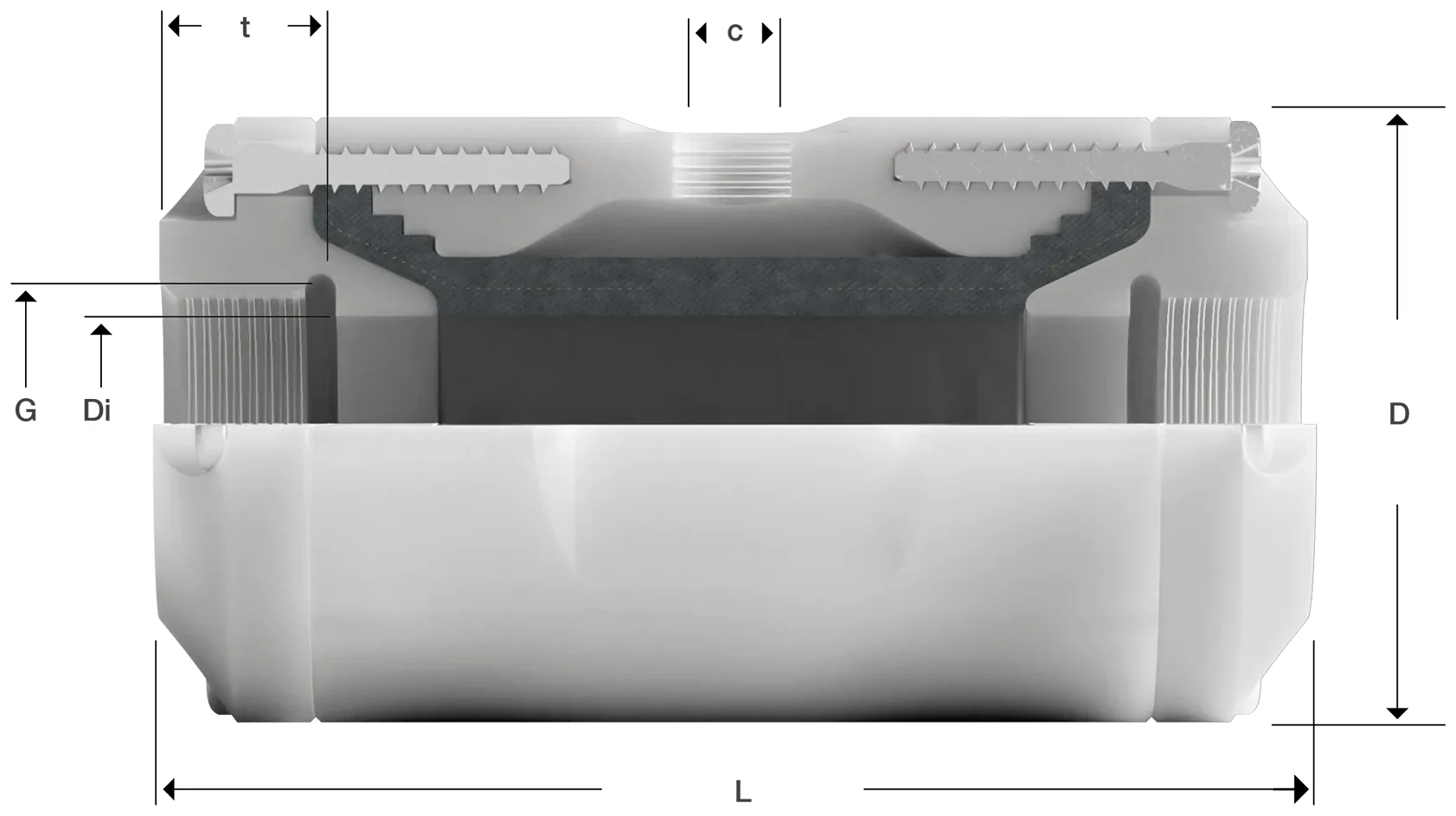 Technical drawing of pinch valve series 00 with dimensions of connections and overall length