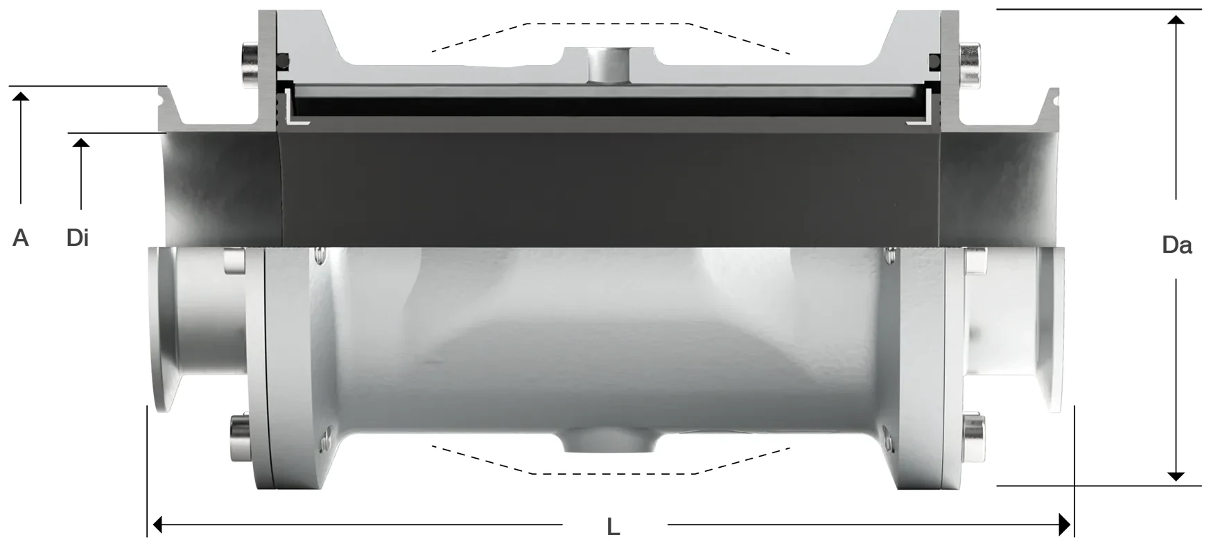 Technical drawing of pinch valve series 48 with dimensions of connections and overall length