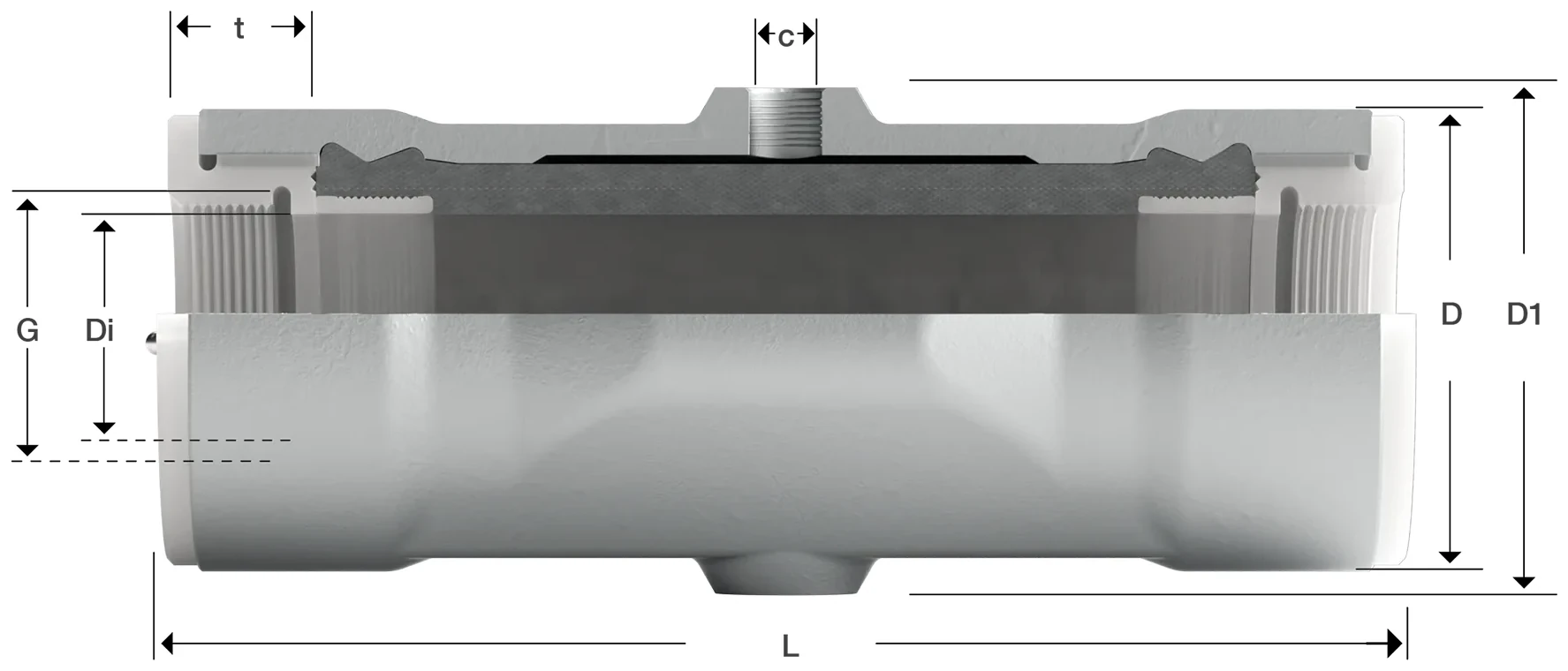 Technical drawing of pinch valve series 50 with dimensions of connections and overall length