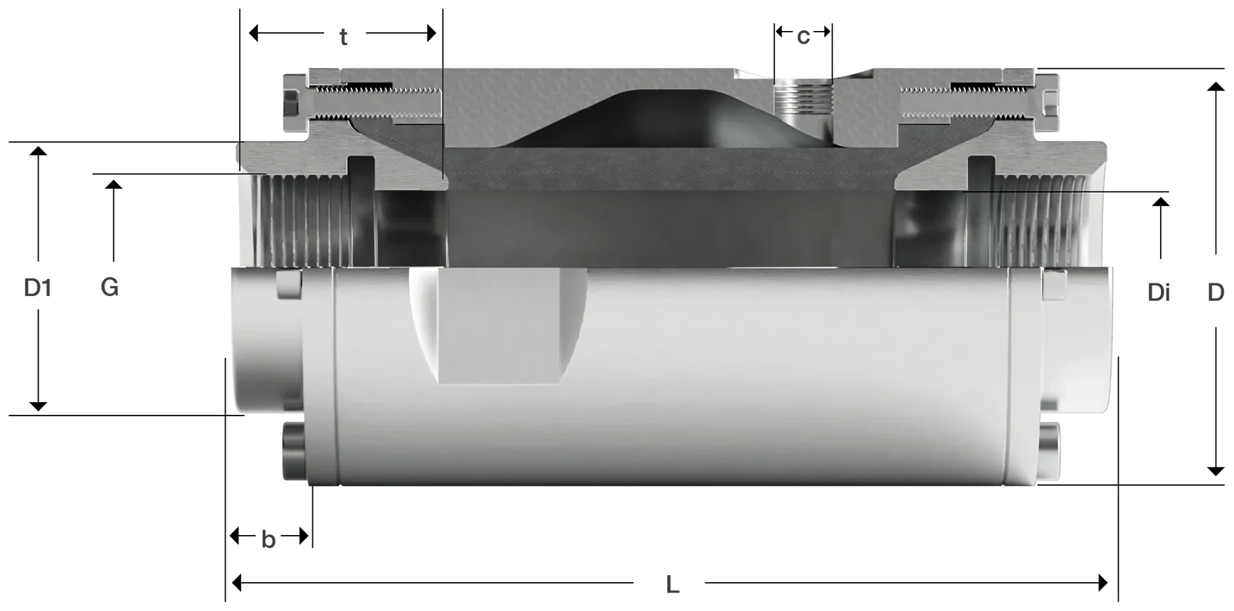 Technical drawing of pinch valve series 70 with dimensions of connections and overall length
