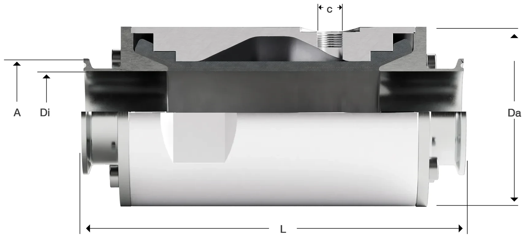 Technical drawing of pinch valve series 88 with dimensions of connections and overall length