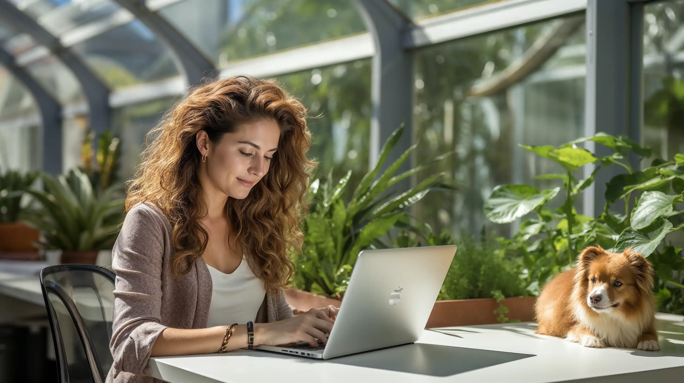 Femme assise à une table avec son ordinateur et son smartphone, téléversant des documents vétérinaires pour le remboursement de son assurance animale, son chien couché à côté.