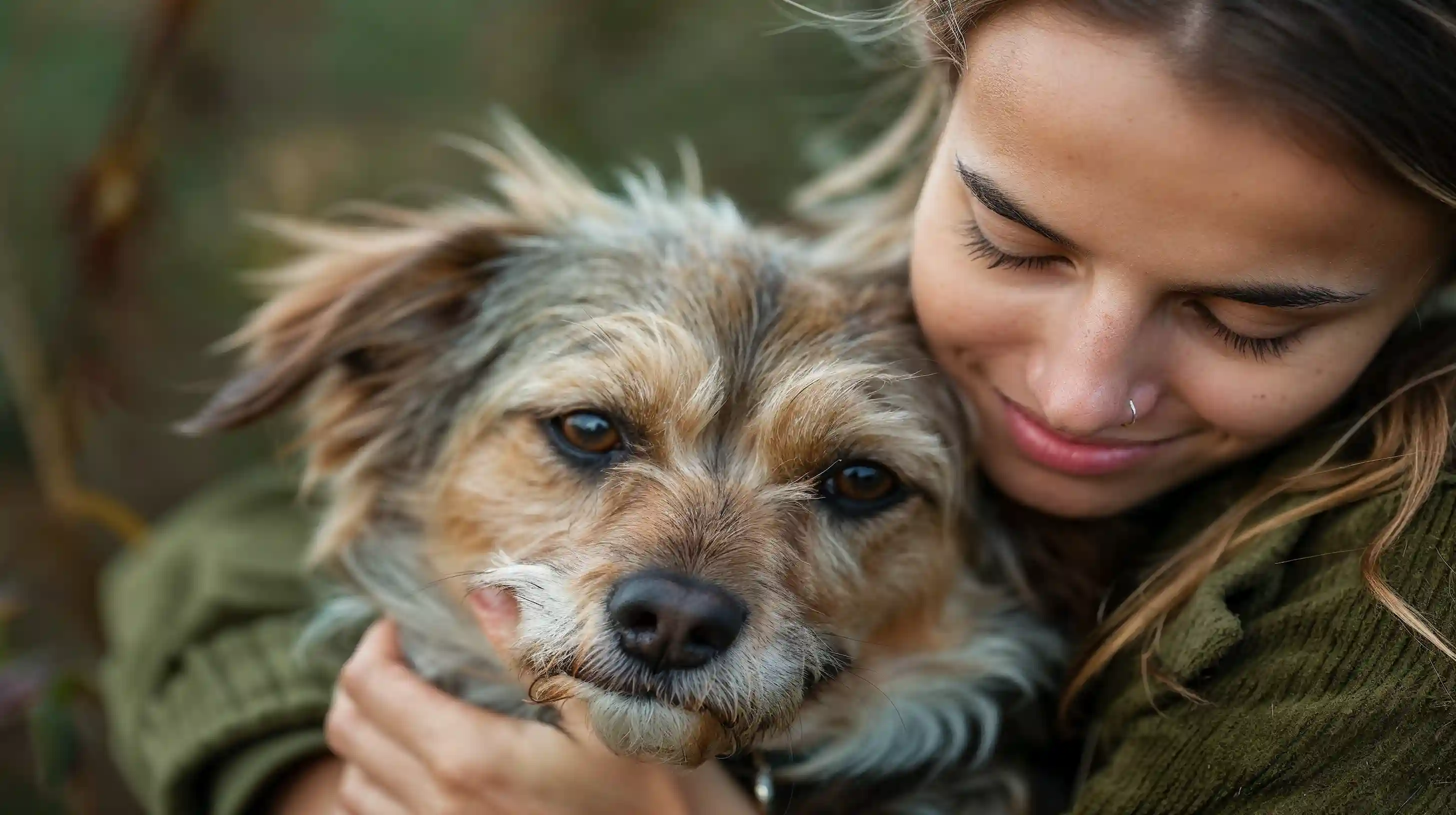 Scène réaliste d’une femme câlinant son chien baigné de lumière, illustrant un article sur l’assurance animale comme acte d’amour et de responsabilité.