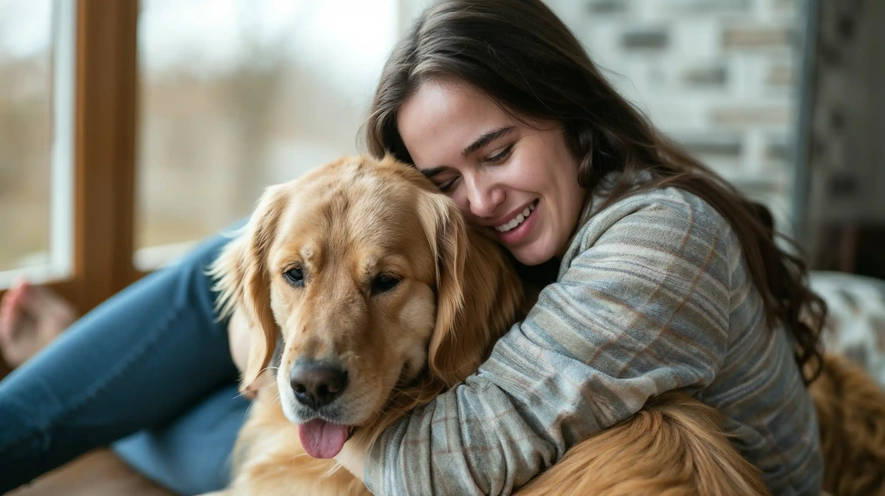 Femme assise au sol dans un salon lumineux serrant son chien dans ses bras, illustrant la gratitude et le soulagement après la guérison de son animal grâce à une assurance santé.