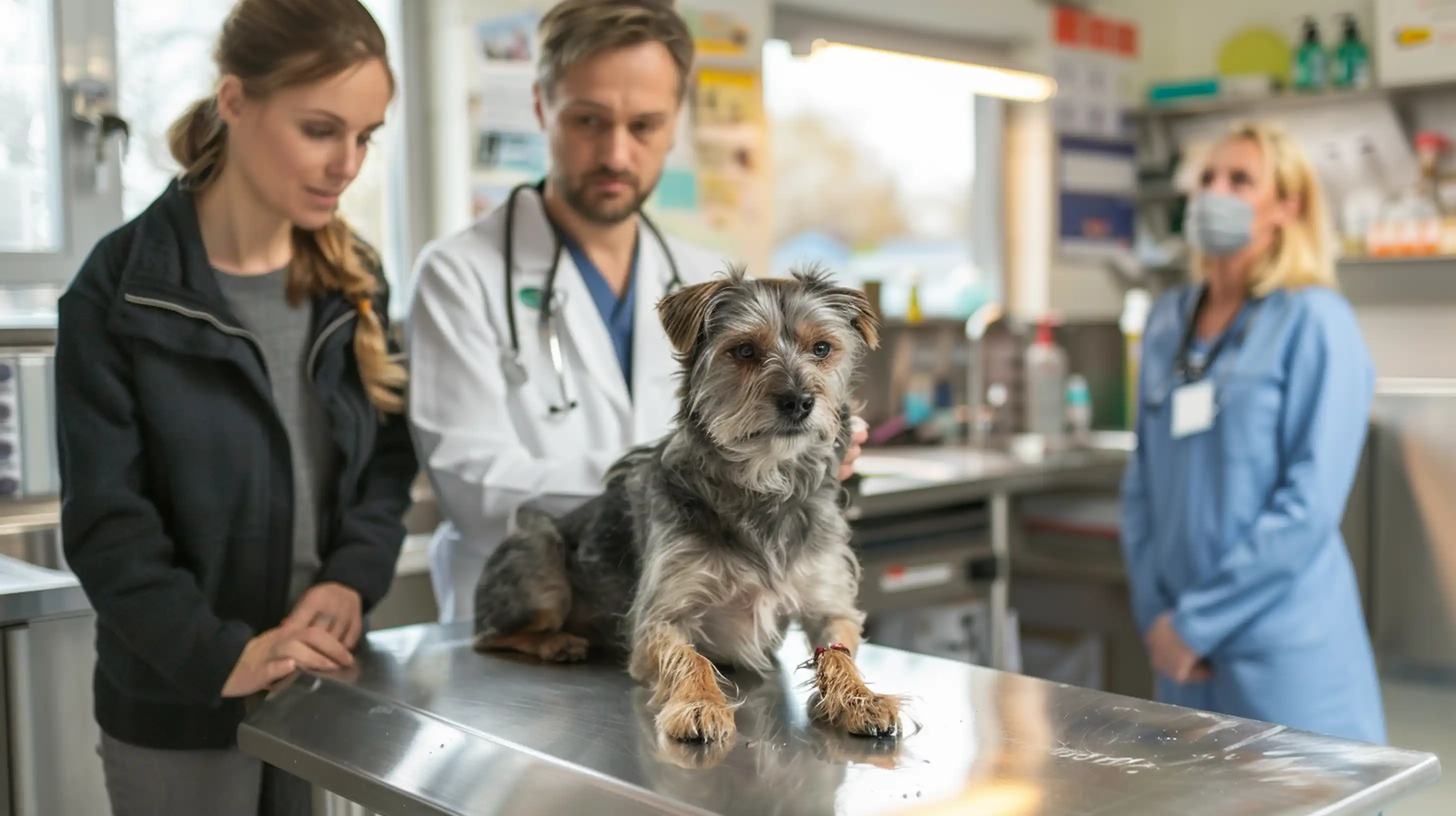 Vétérinaire examinant un chien blessé sur une table de clinique, avec son propriétaire inquiet à ses côtés, illustrant une urgence vétérinaire prise en charge rapidement.