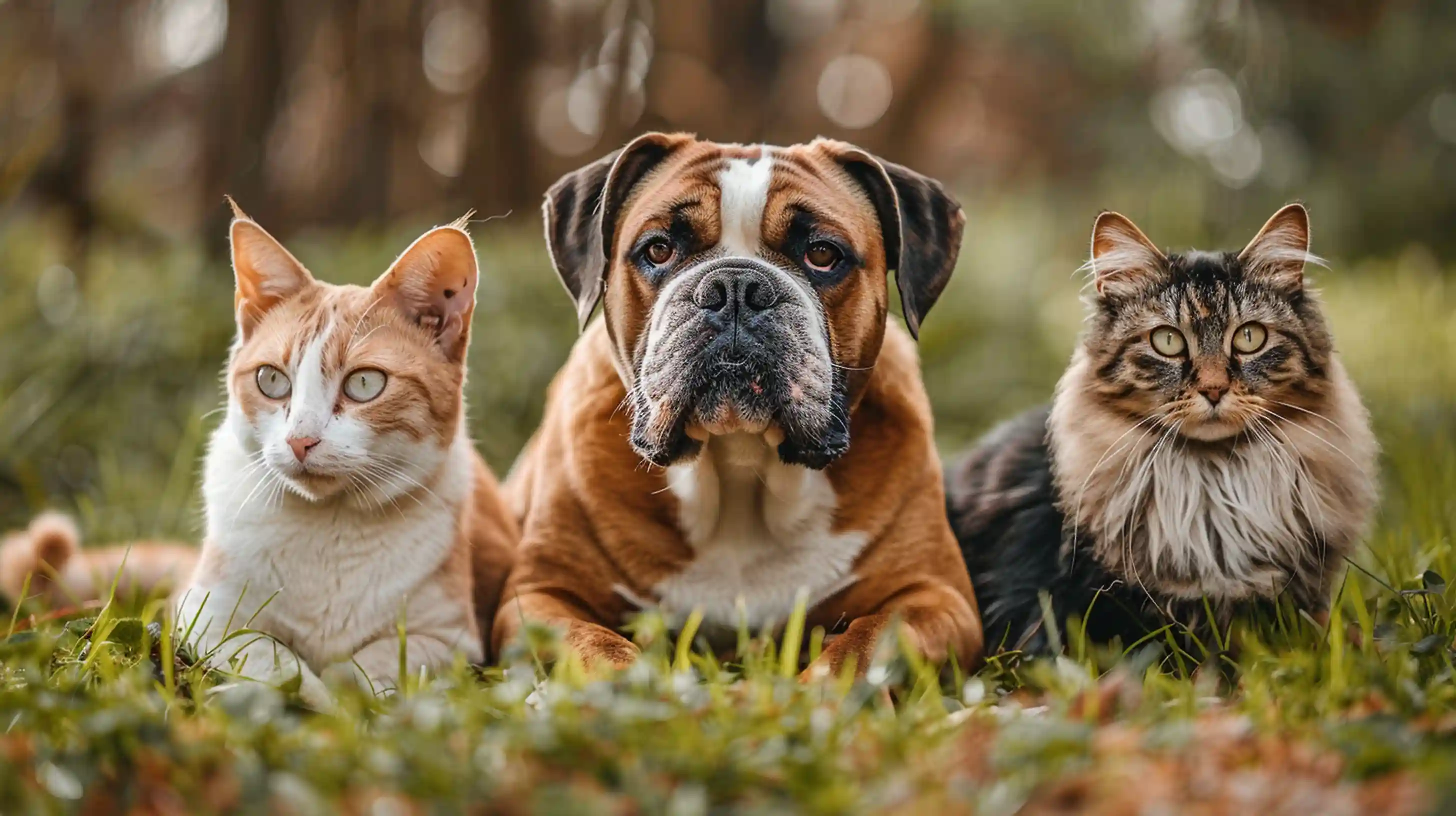 Bulldog, chat persan et maine coon assis ensemble dans un salon lumineux, illustrant les races les plus coûteuses à soigner et l’importance de l’assurance animale.