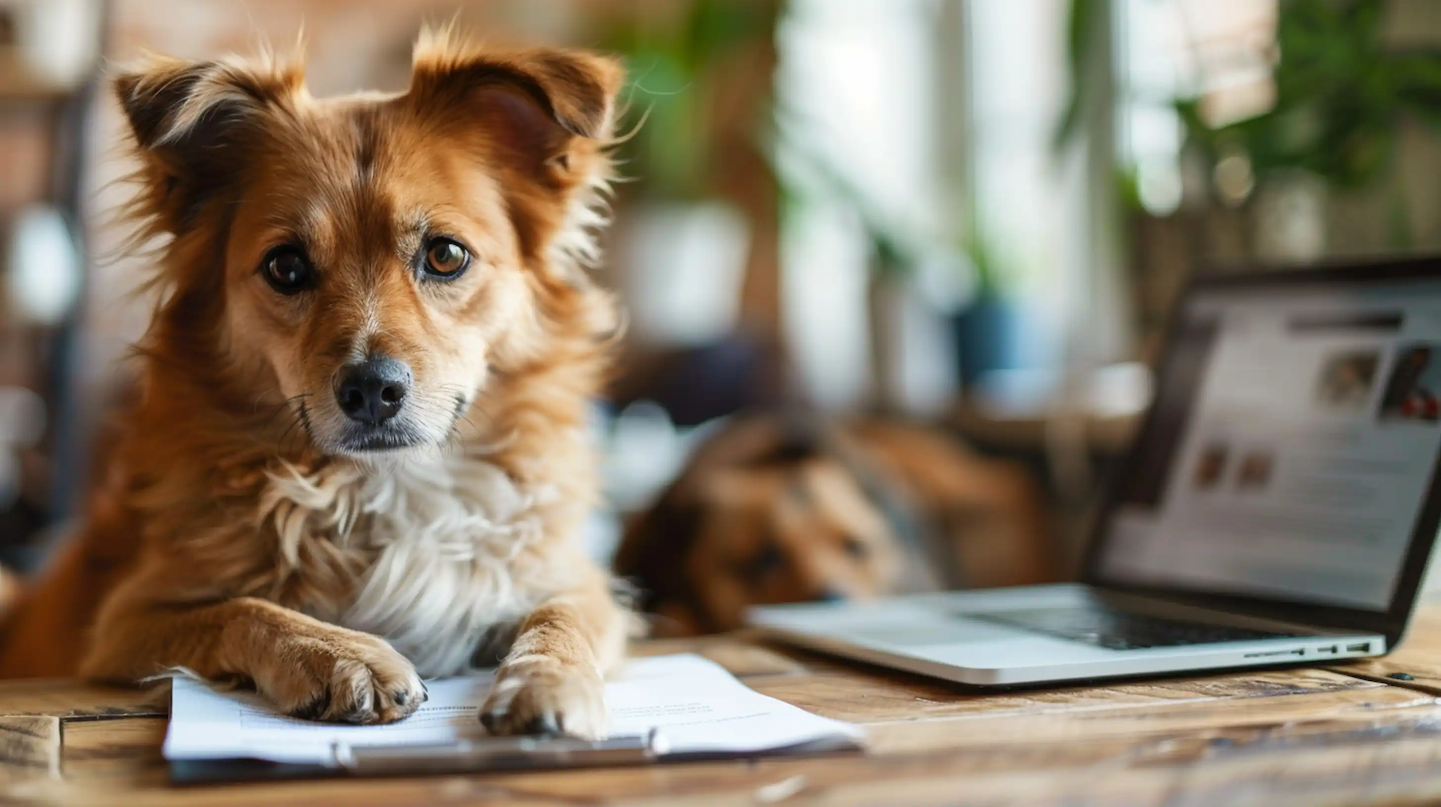 Chien, consultant une assurance animale en ligne dans une atmosphère chaleureuse et naturelle.