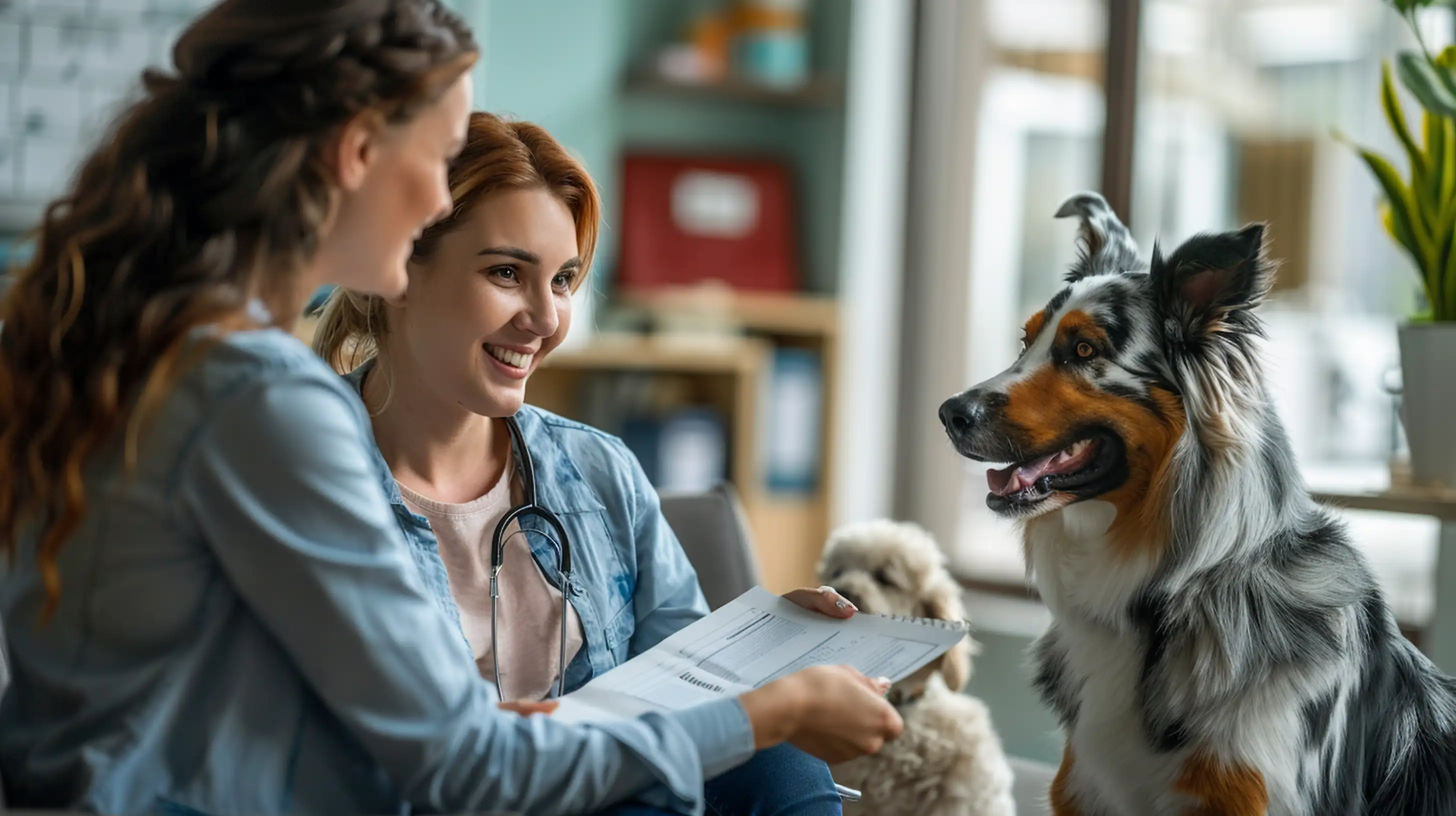 Deux femmes avec un berger australien, l'une vétérinaire, l'autre propriétaire d'animaux souriante car elle à souscrit à une assurance. 