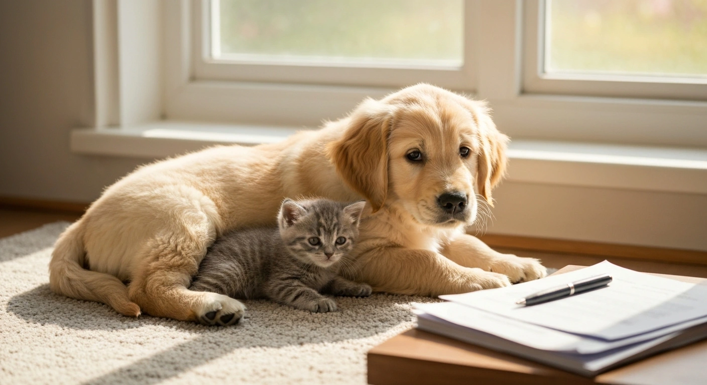 Un chaton collé contre un chien avec un contrat d'assurance