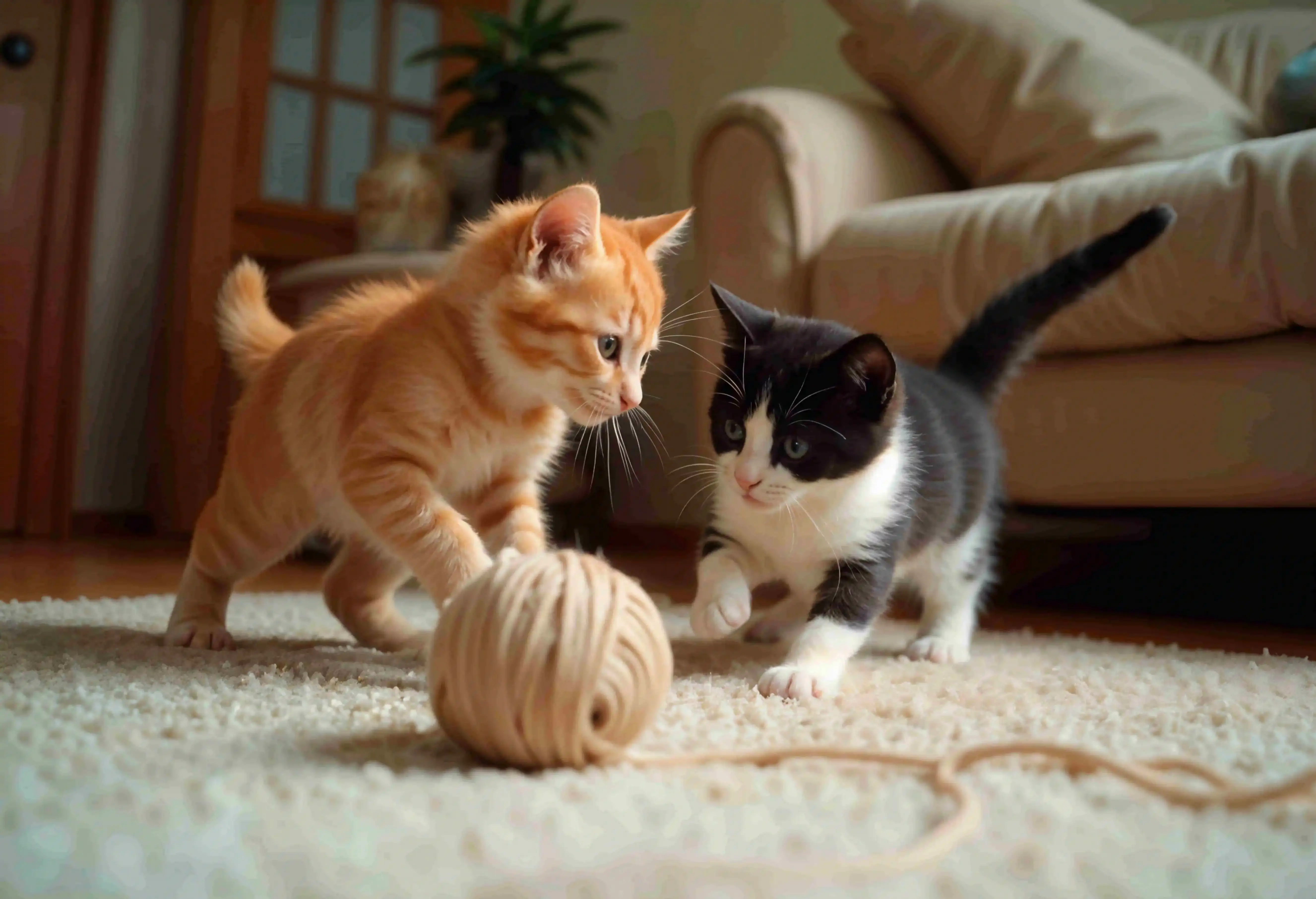 Deux chatons jouent à la balle sur le tapis du salon