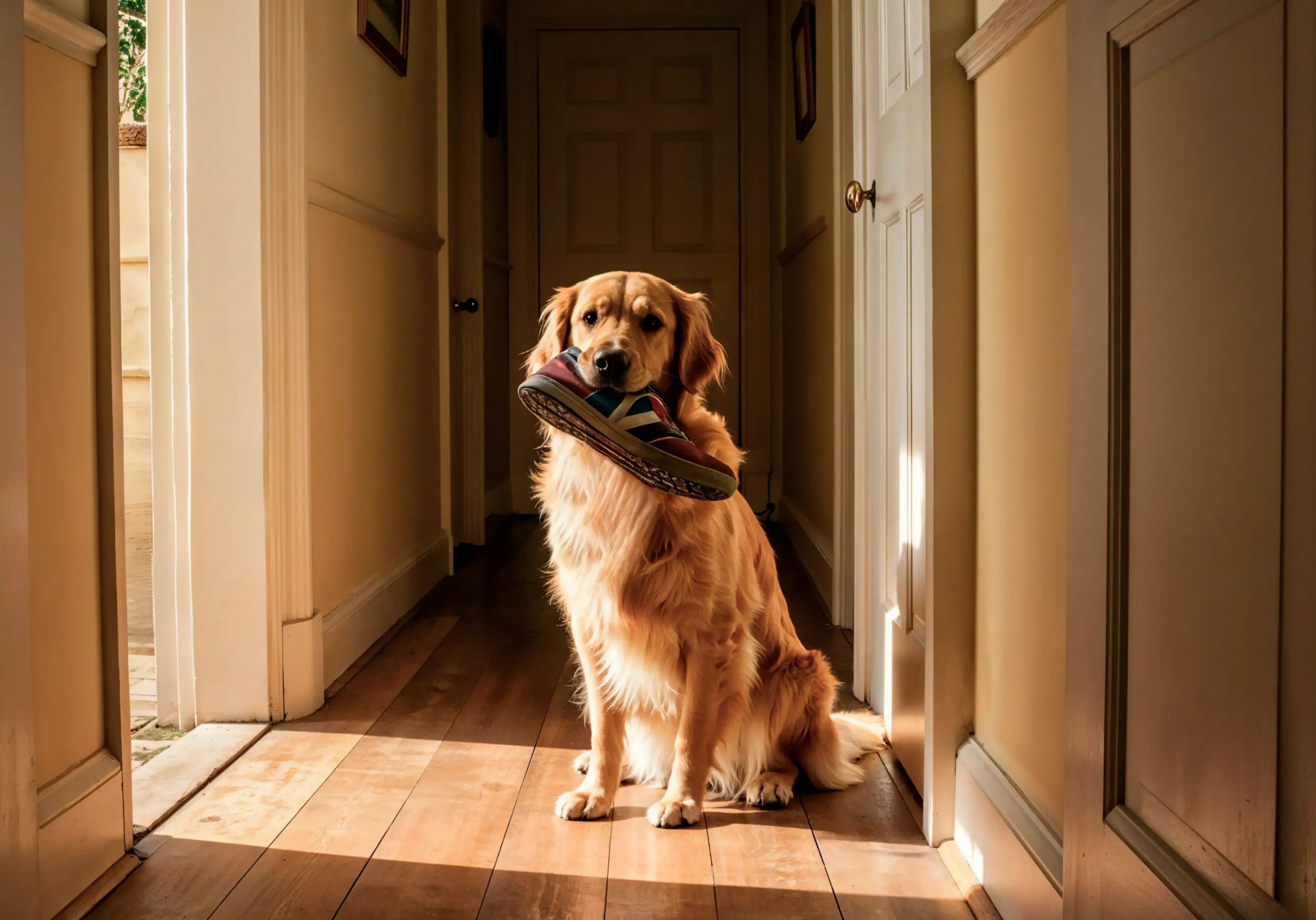 Un golden s'impatiente pour aller en promenade. Il tient dans sa gueule un chausson.
