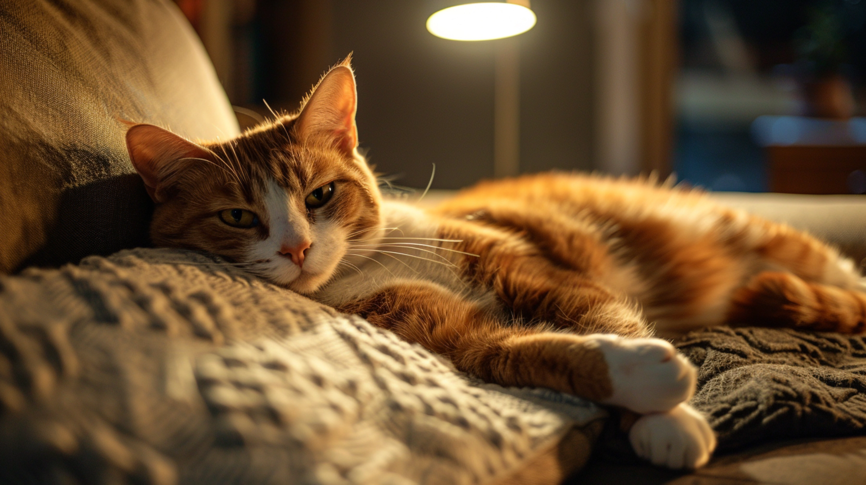 Une atmosphère feutrée d'un salon où un chat roux reste allongé sur le canapé