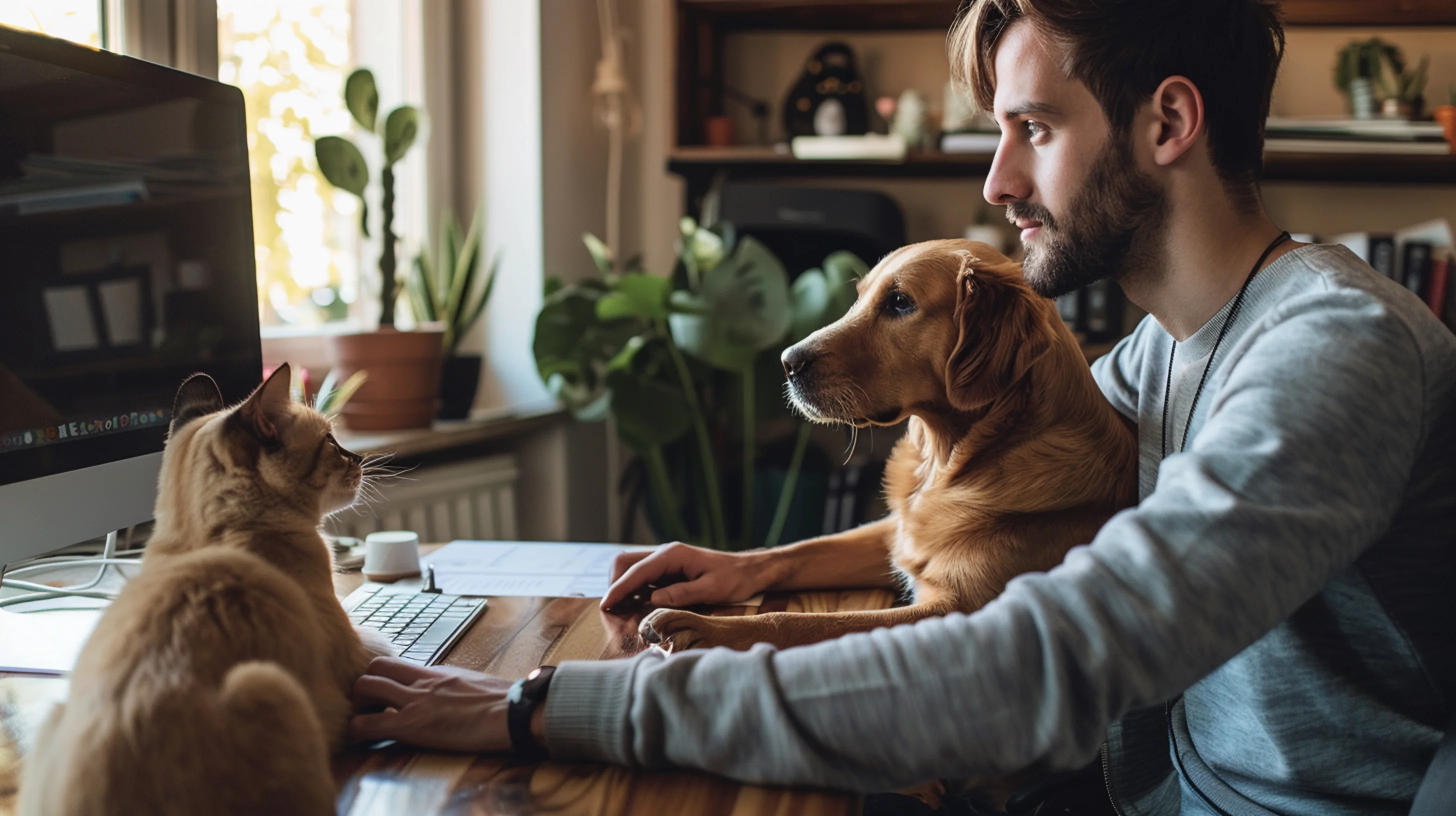 Un jeune homme assis devant son ordinateur avec ses animaux autour