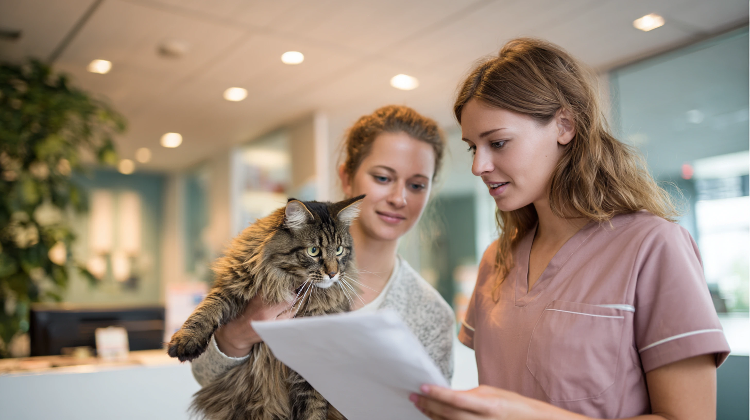 Deux femmes dans la salle d'attente d'une clinique vétérinaire étudient un dossier médical d'un chat de race maine coon