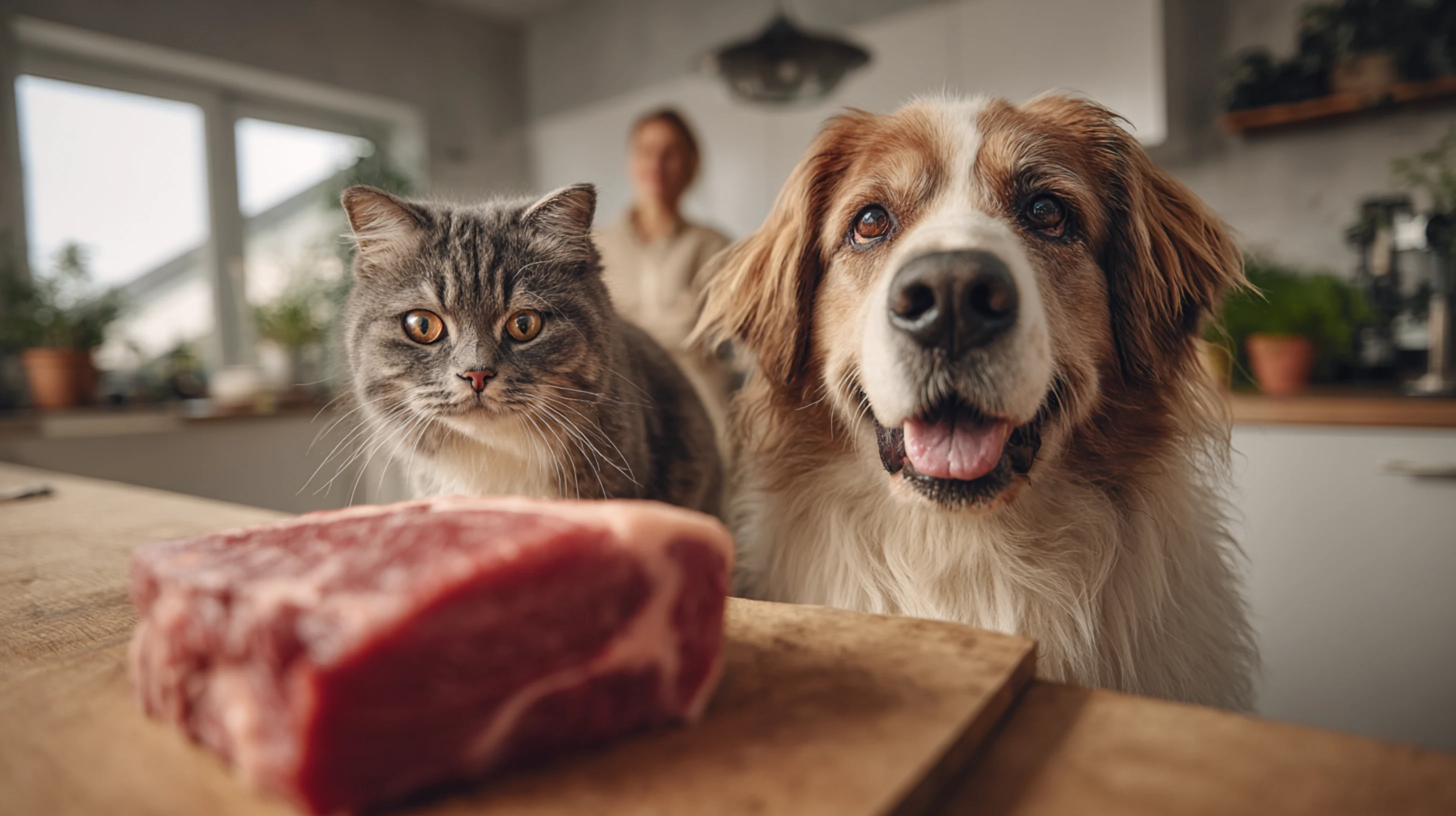 dans une cuisine lumineuse, face au bifteck cru sont assis deux animaux de compagnie. Le chien roux et le chat gris ont l'air complice. 