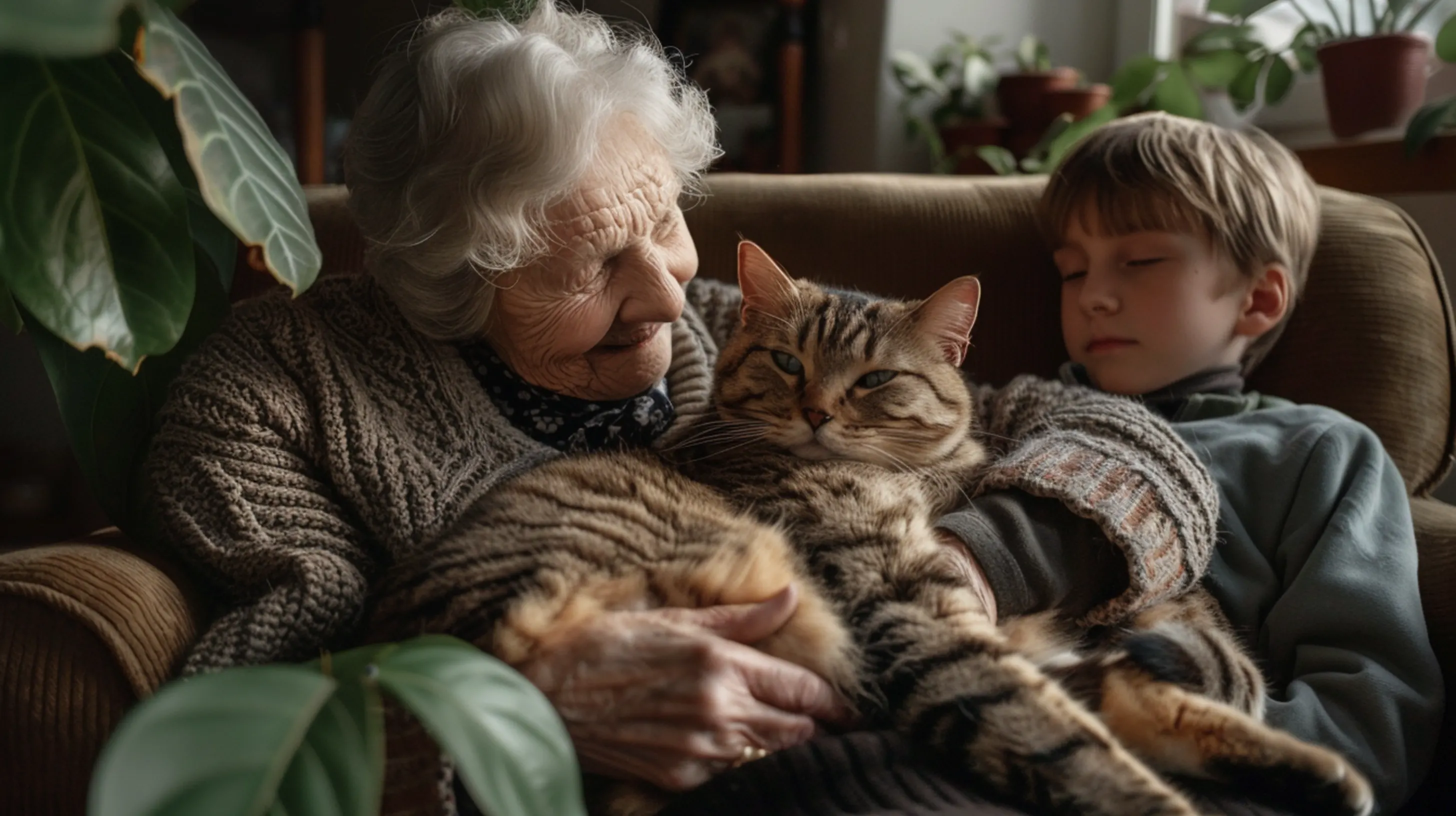 Un moment de détente avec un chat sur les genou, la mamie avec son petit fils endormi.