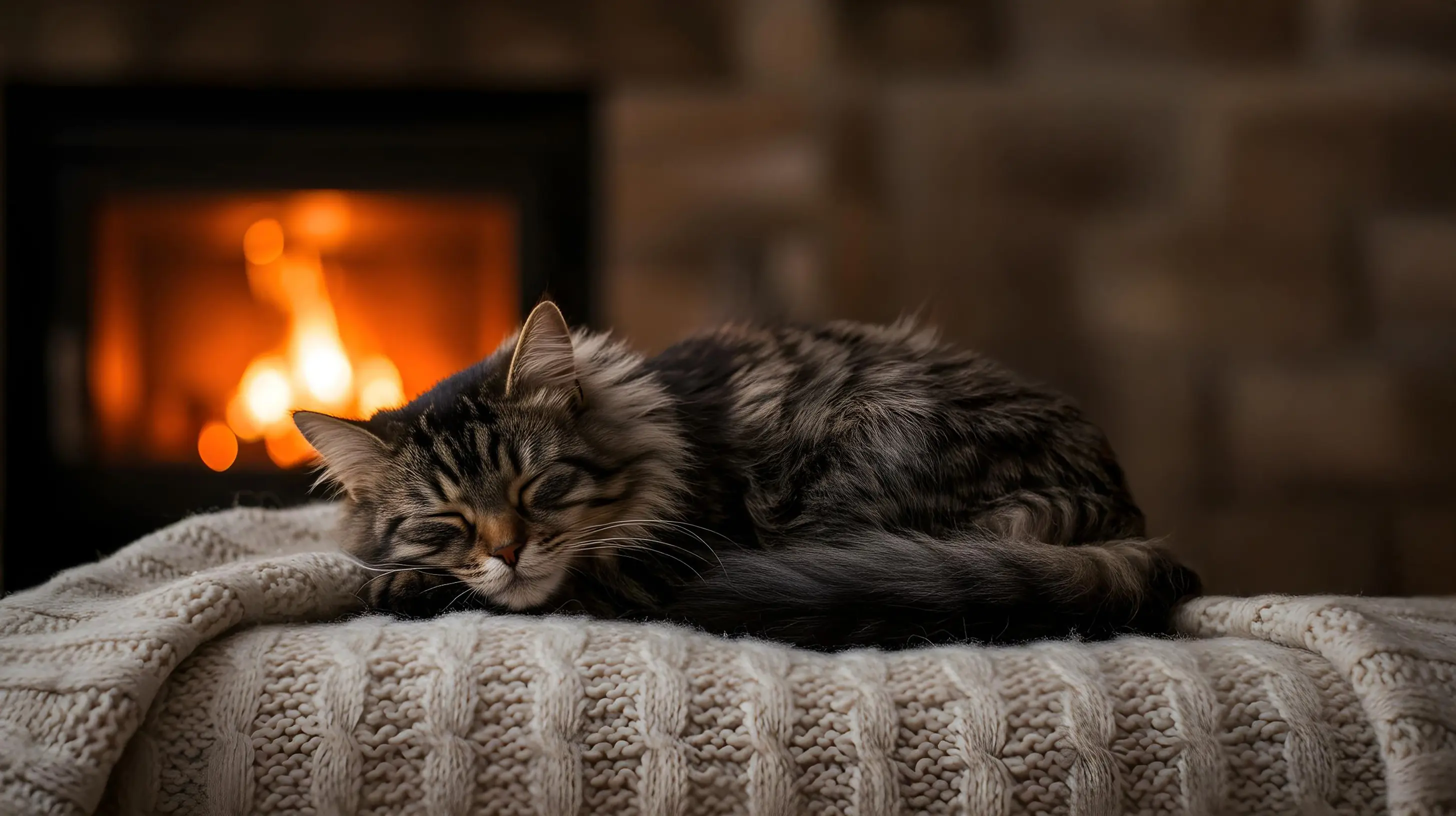 Devant le feu de la cheminée un chaton dort paisiblment 