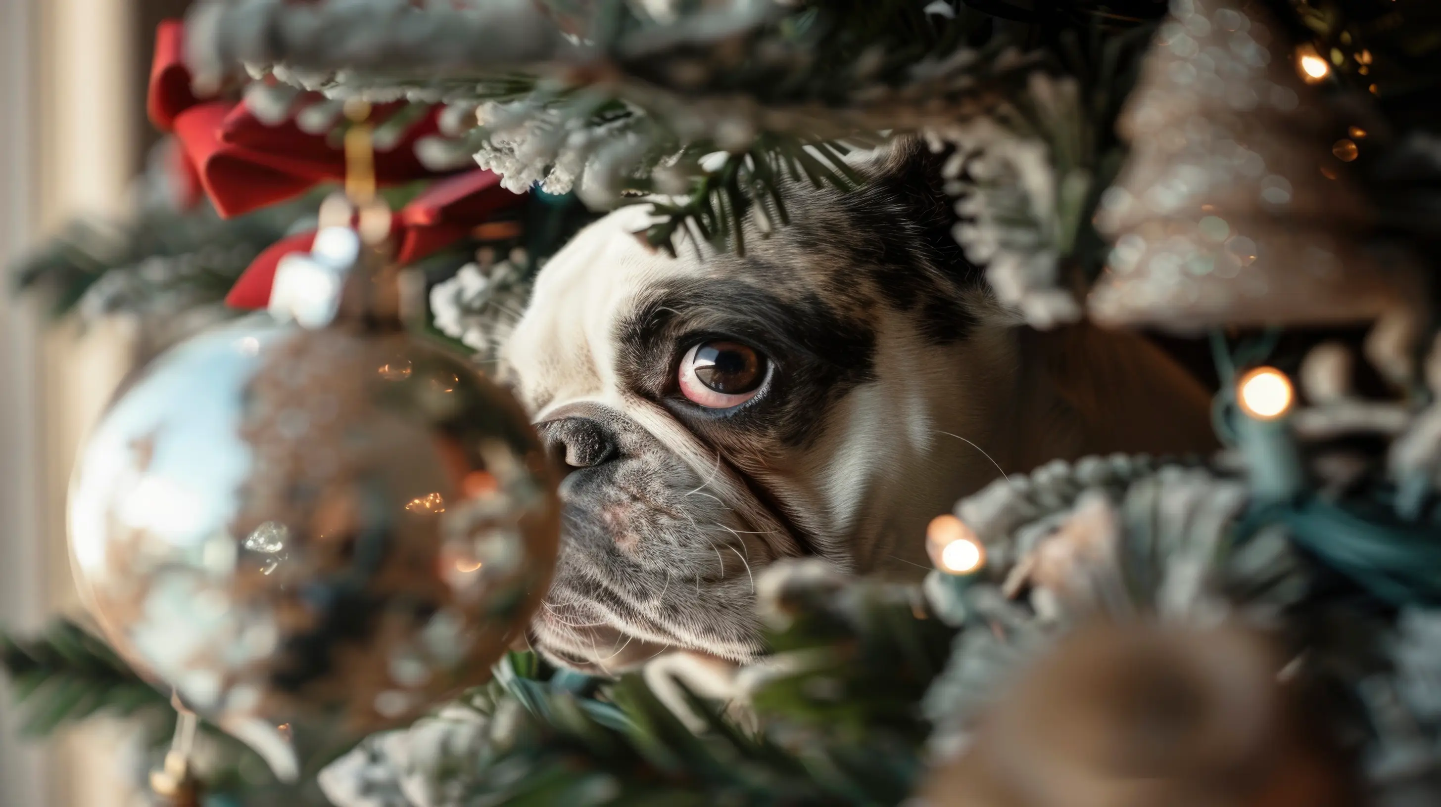Un regard qui tue d'un bouledogue adorable caché derrière le sapin de Noël