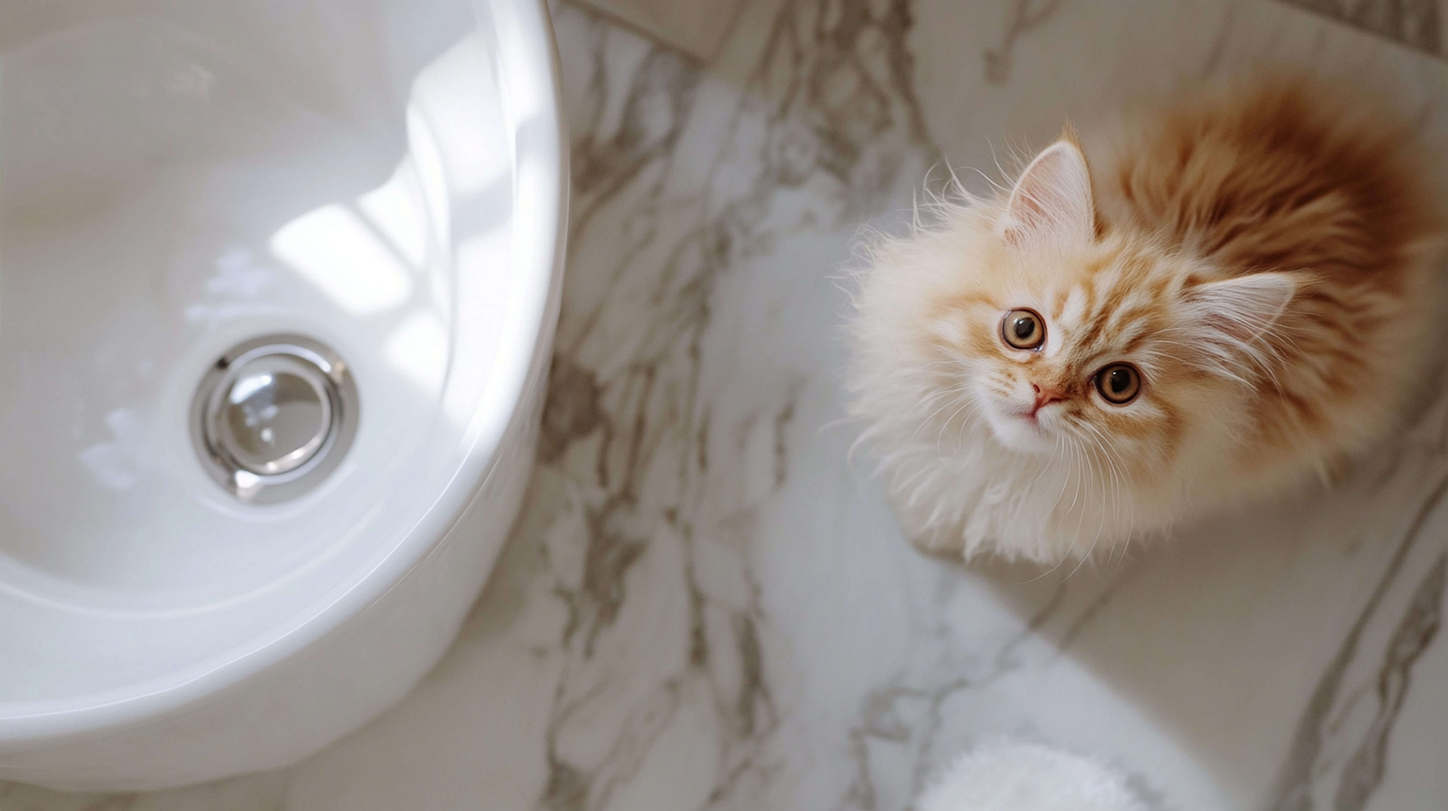 Un chaton roux regarde la cuvette du lavabo dans une salle de bain
