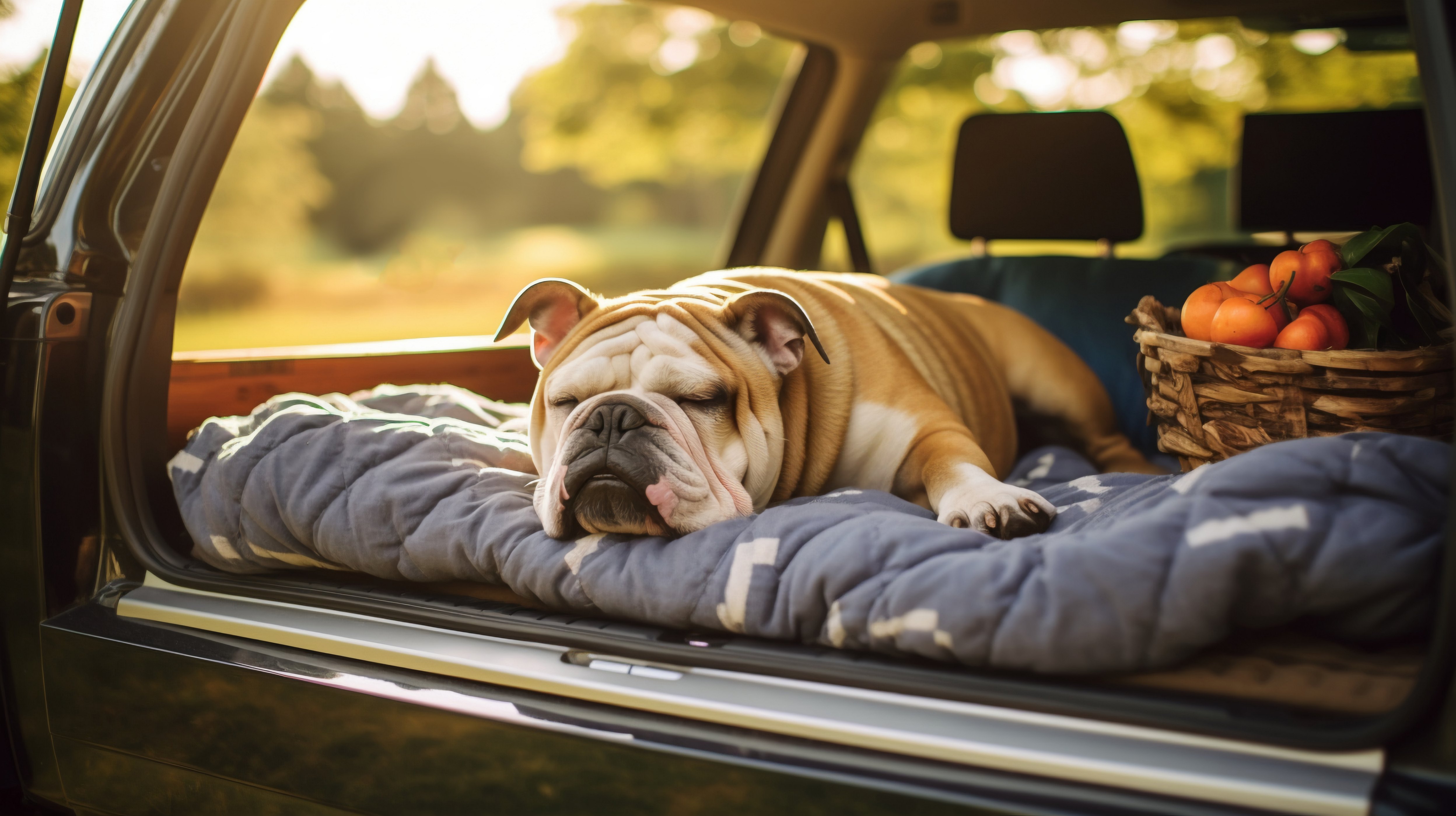 Dans un coffre d'une grande voiture un bulldog s'offre une sieste. 