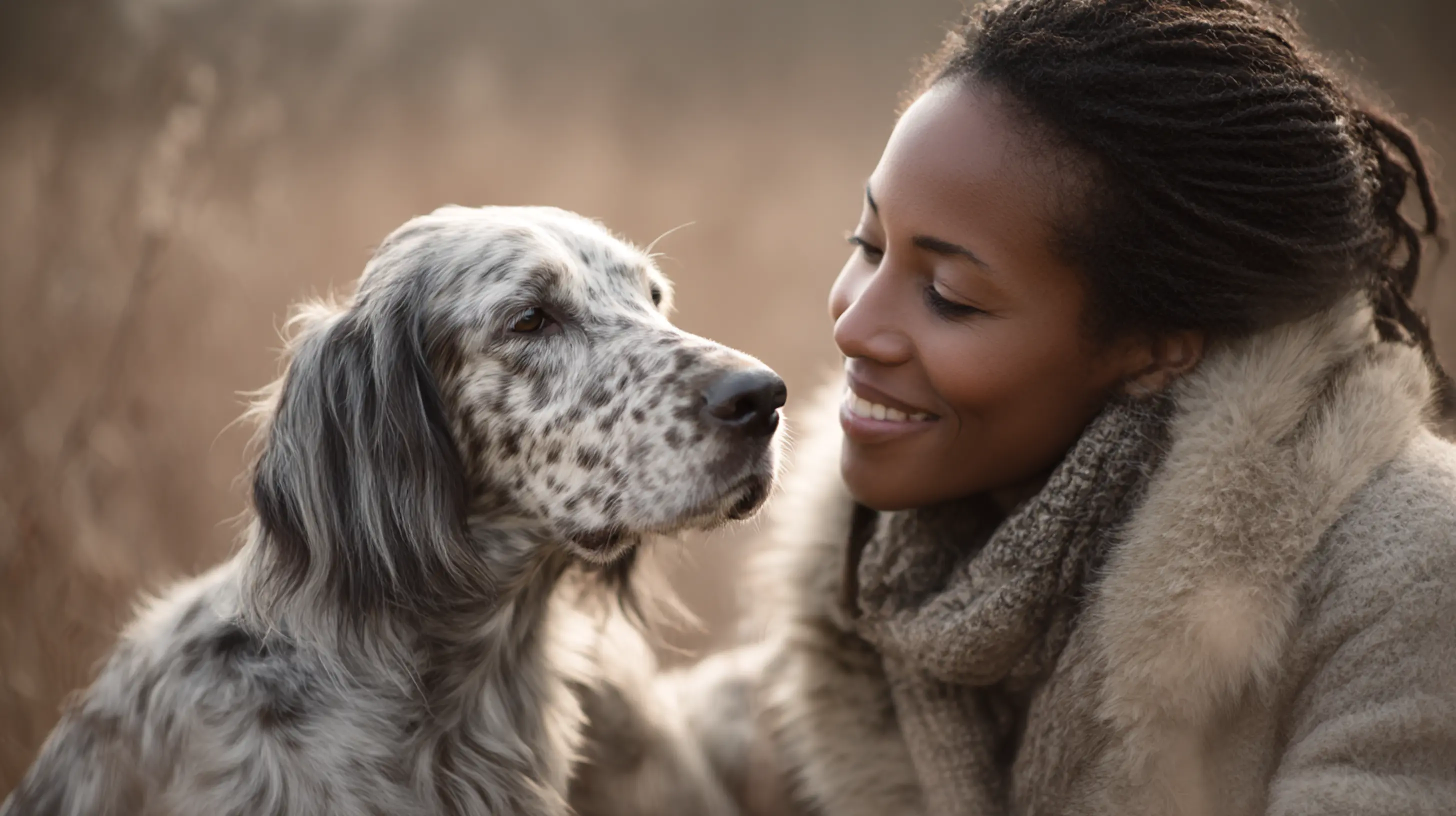 Une jeune femme regarde avec amour son chien seter anglais