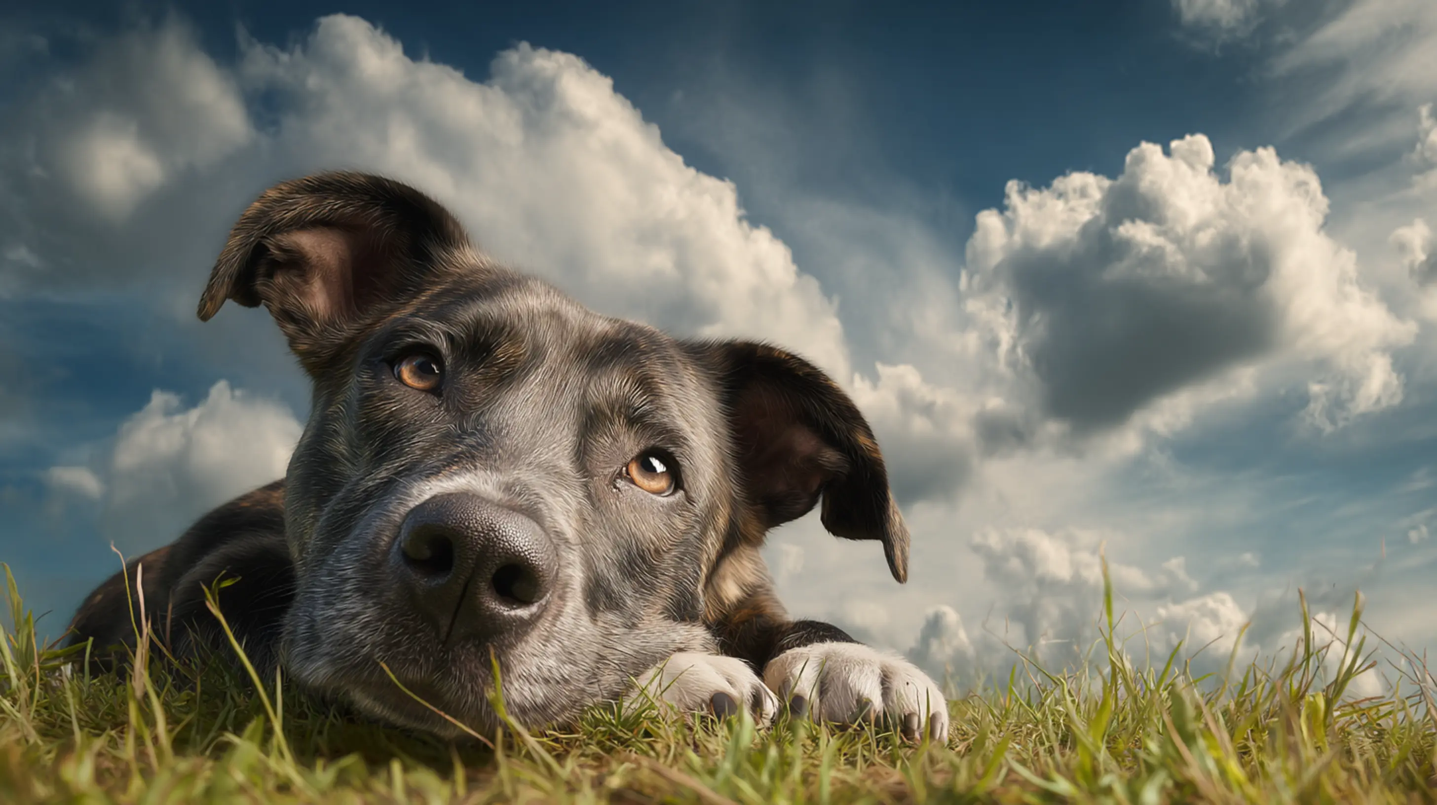 Un gros plan sur le visage d'un chien gris avec un ciel bleu au fond