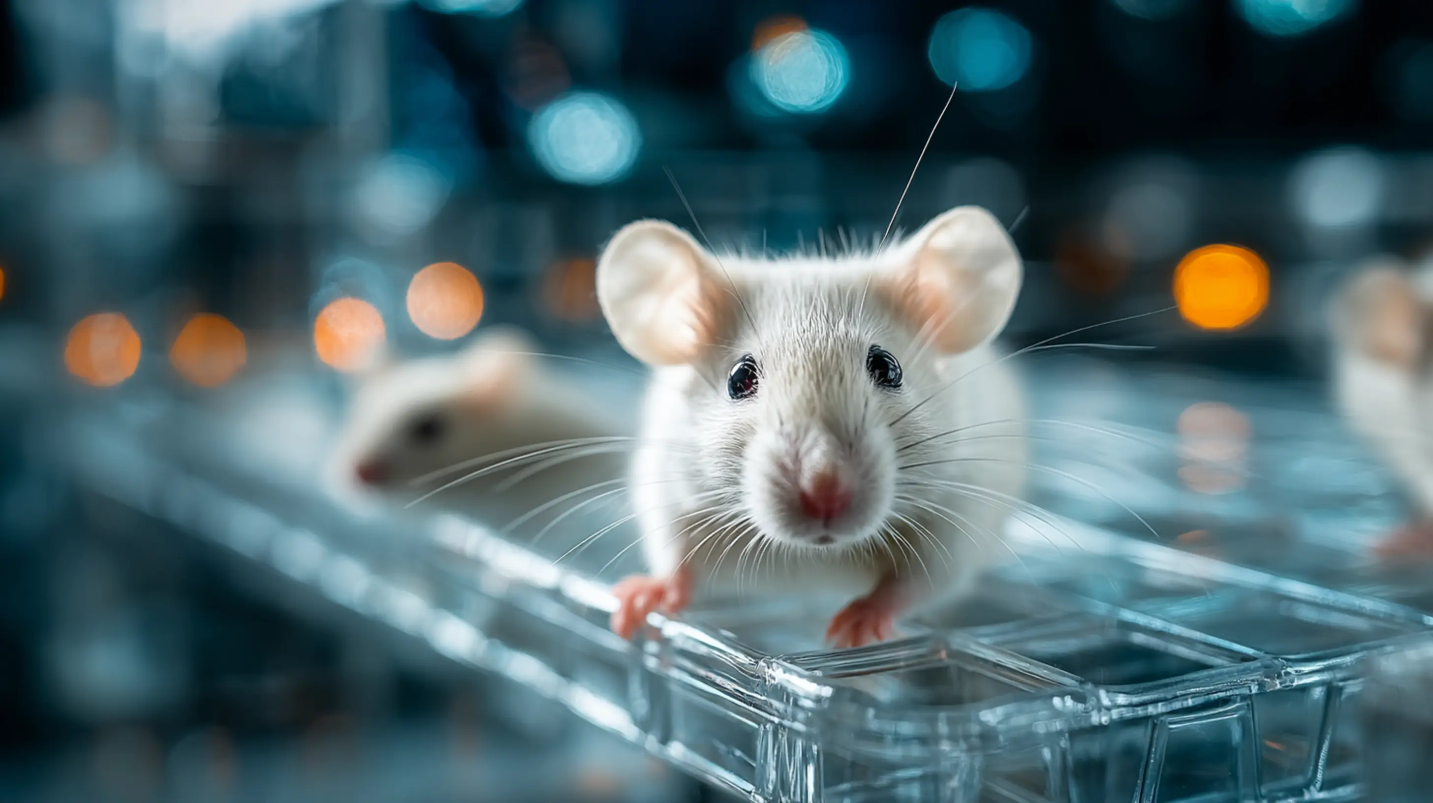 Une souris blanche sur un clavier d'ordinateur regarde l'objectif