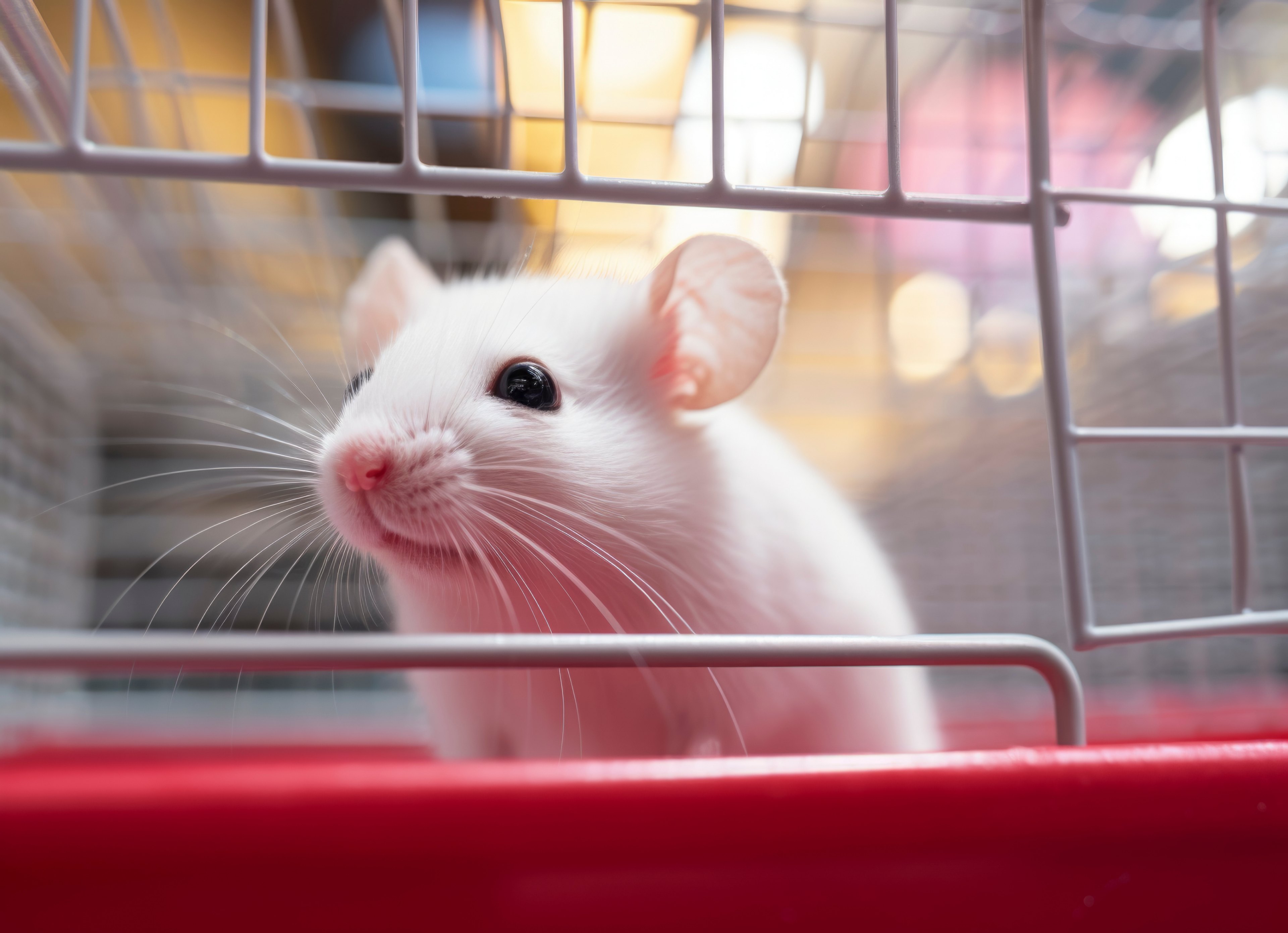 Une cage avec une petite souris blanche 