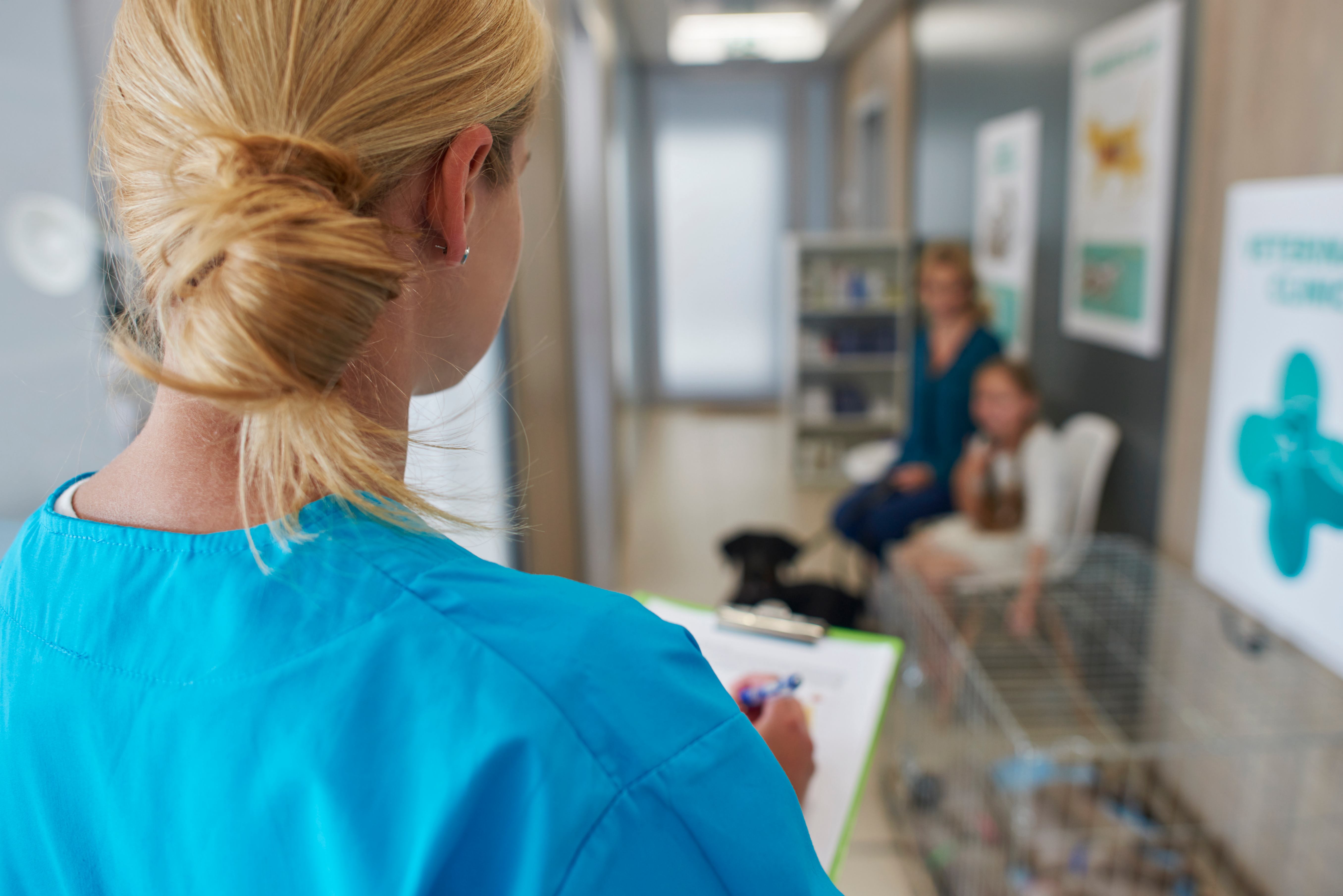 La salle d'attente dans une clinique vétérinaire et une ASV qui appelle son patient