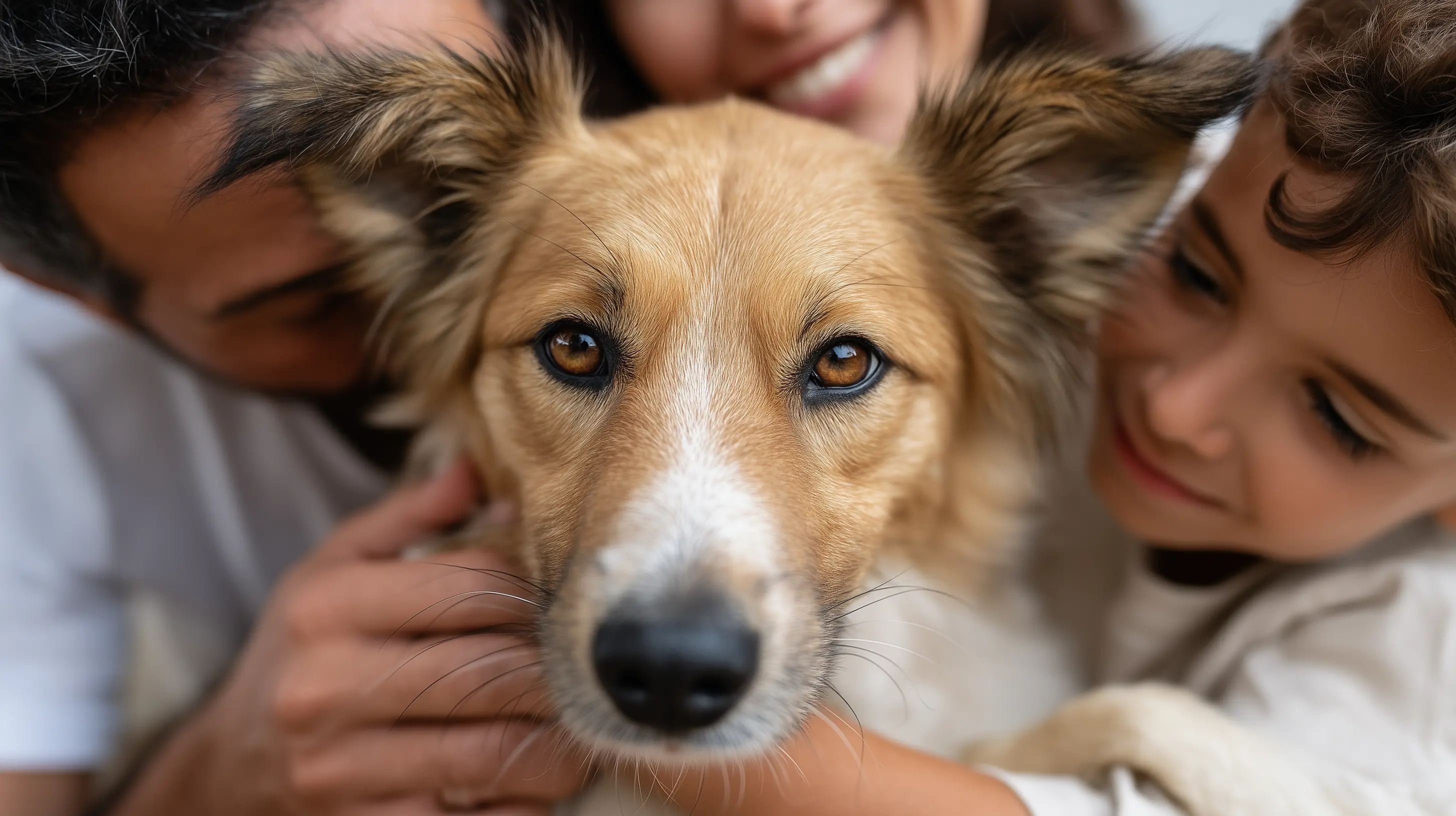 Un chien au milieu de sa famille gros zoom sur le visage du chien