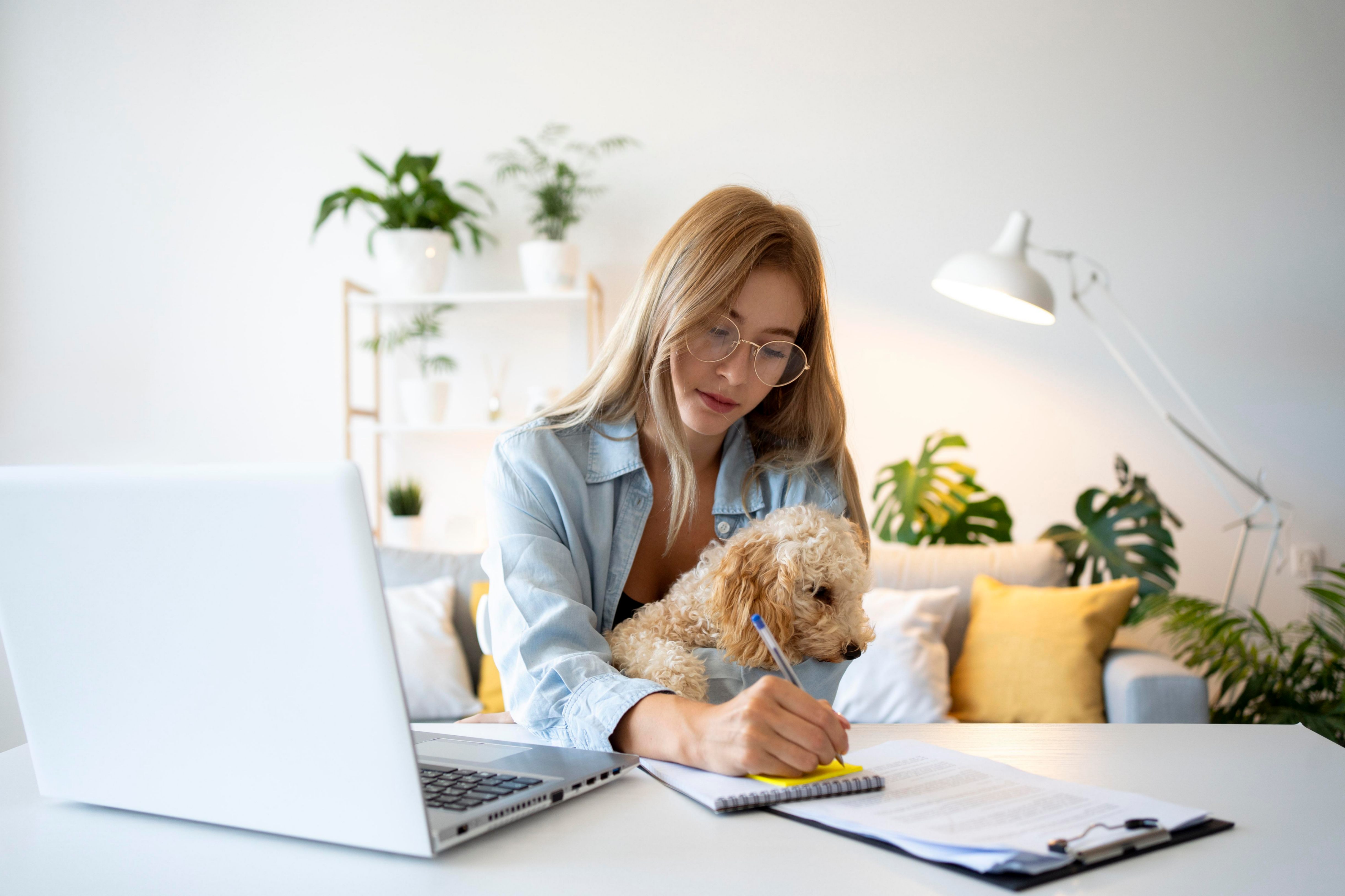 Un intérieur moderne avec un bureau où est assis une jeune femme qui garde dans ses bras un petit caniche