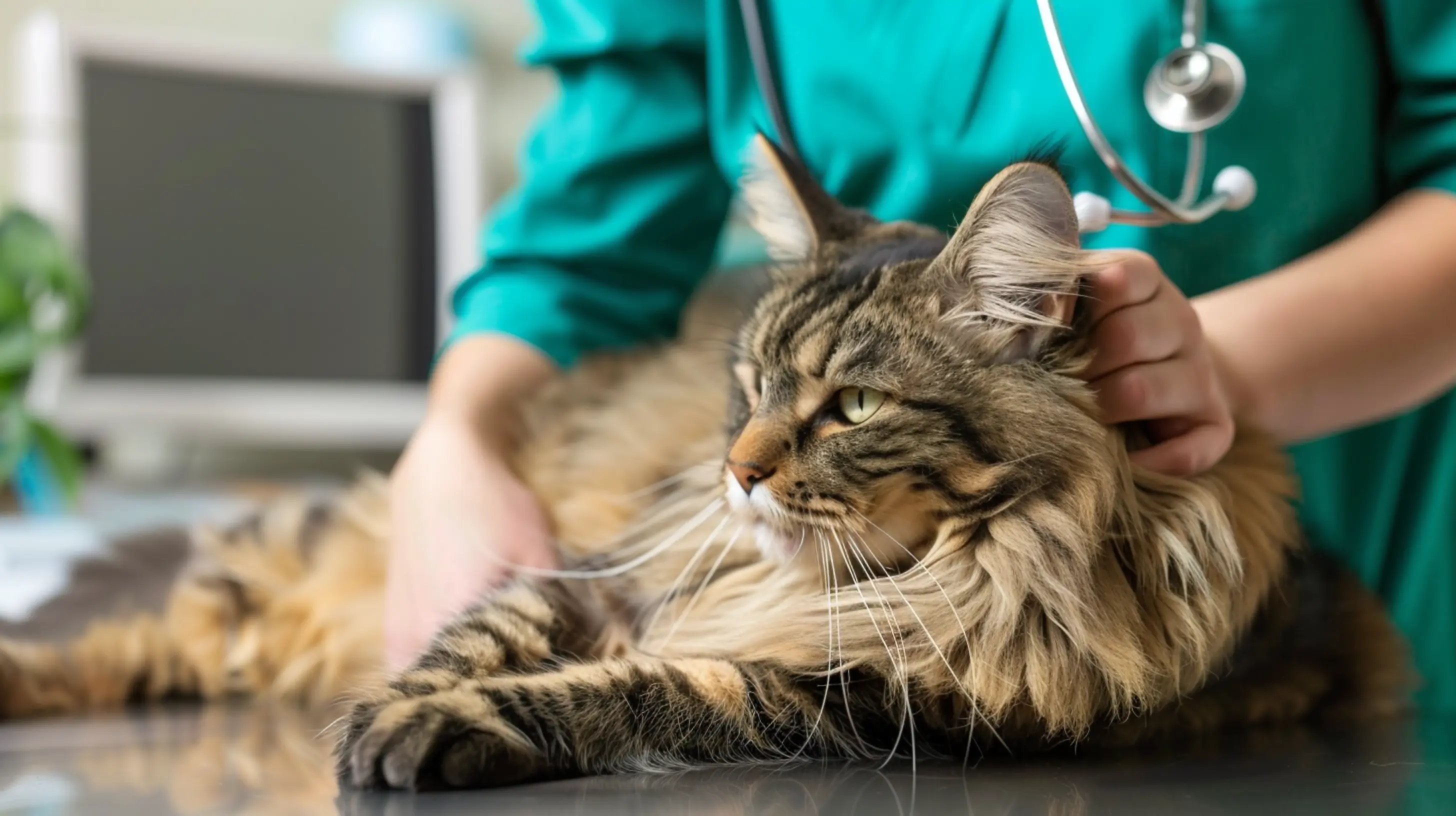 Zoom sur la tête du chat maincoon avec des mains du vétérinaire en blouse verte
