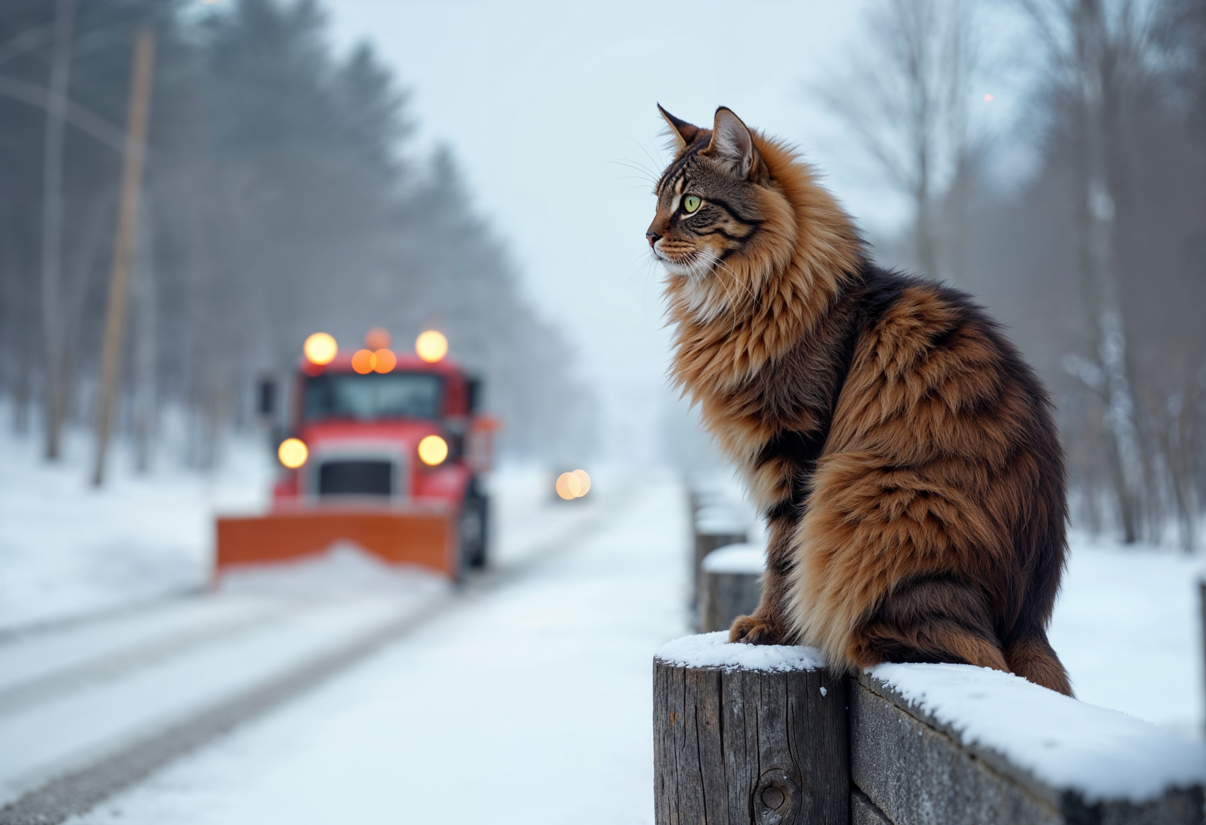 un beau chat au pelage dense regarde la route et la déneigeuse passer