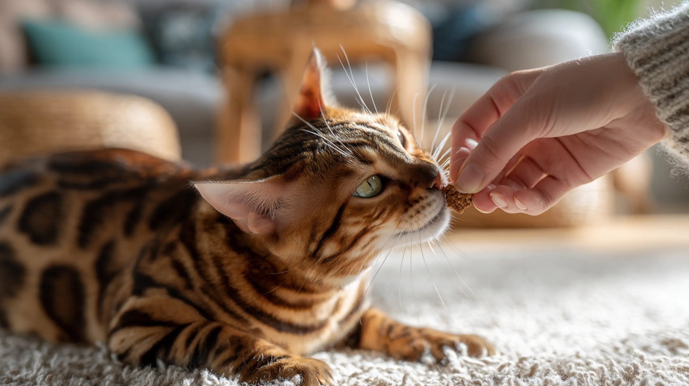 Une main tendu avec une croquette pour chat gros plan sur la tête du chat européen