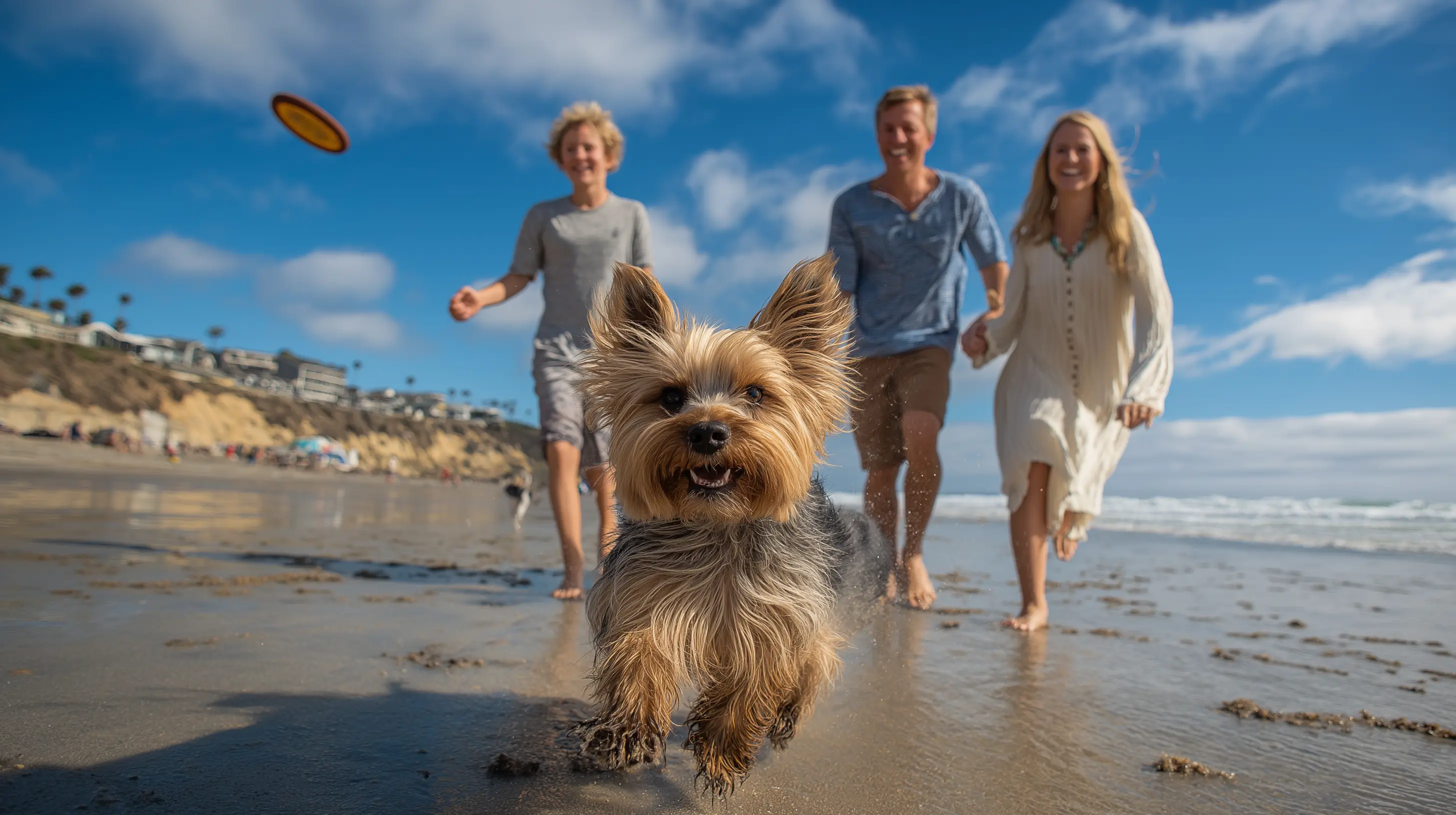 Une famille de trois personnes prend un moment de détente au bord de la mer, un chien les accompagne et court en frôlant les vagues
