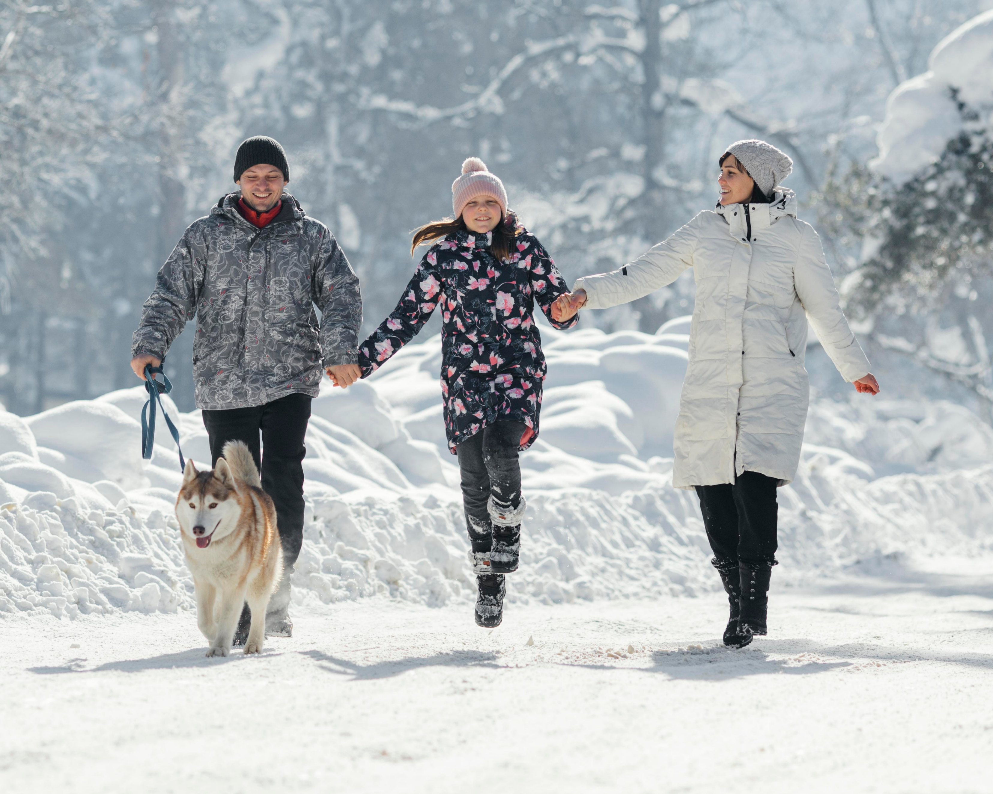 Une promenade hivernale d'une famille de trois personnes avec leur chien husky 