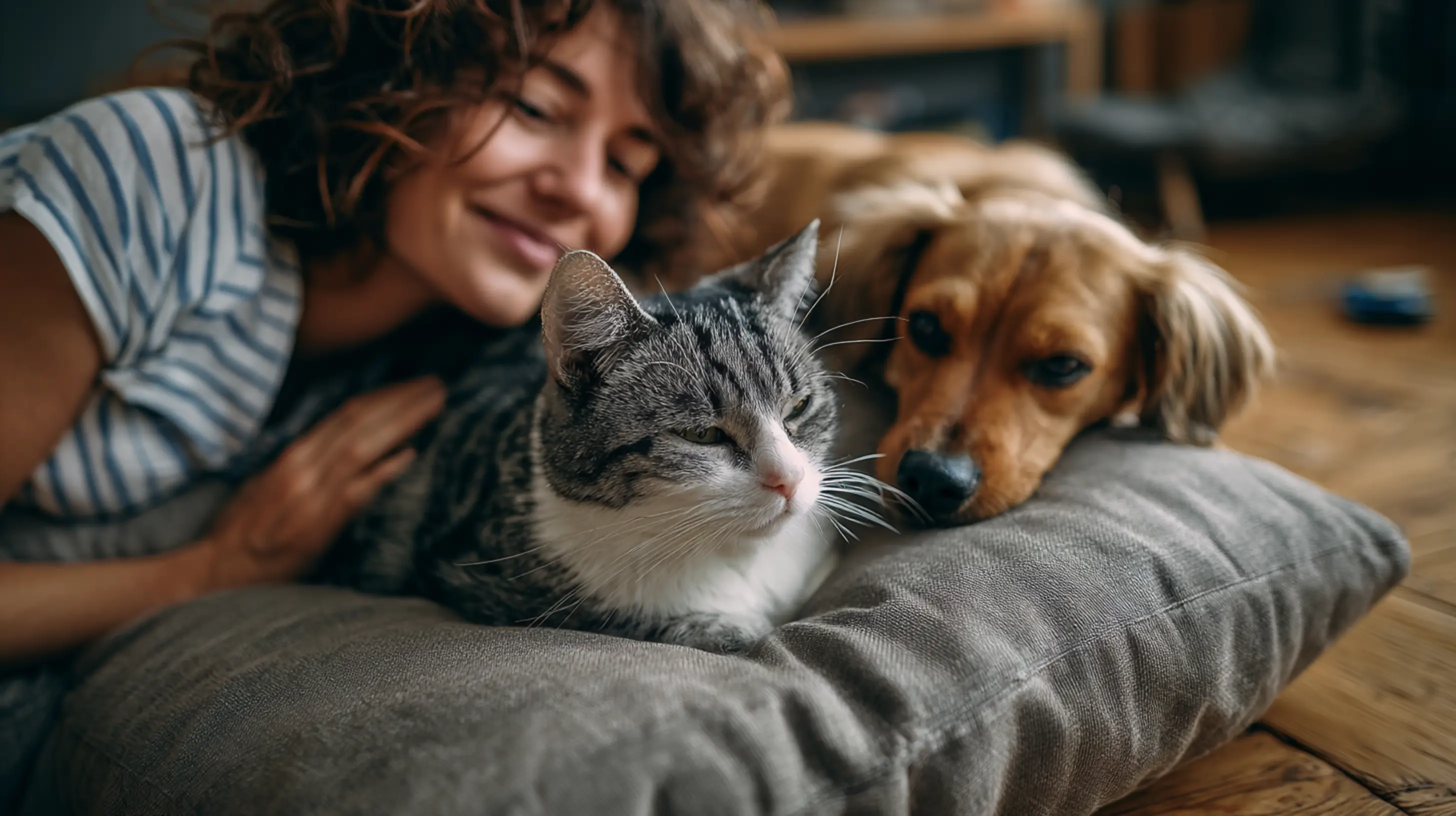 Chien et chat allongés sur le canapé à côté de leur maîtresse