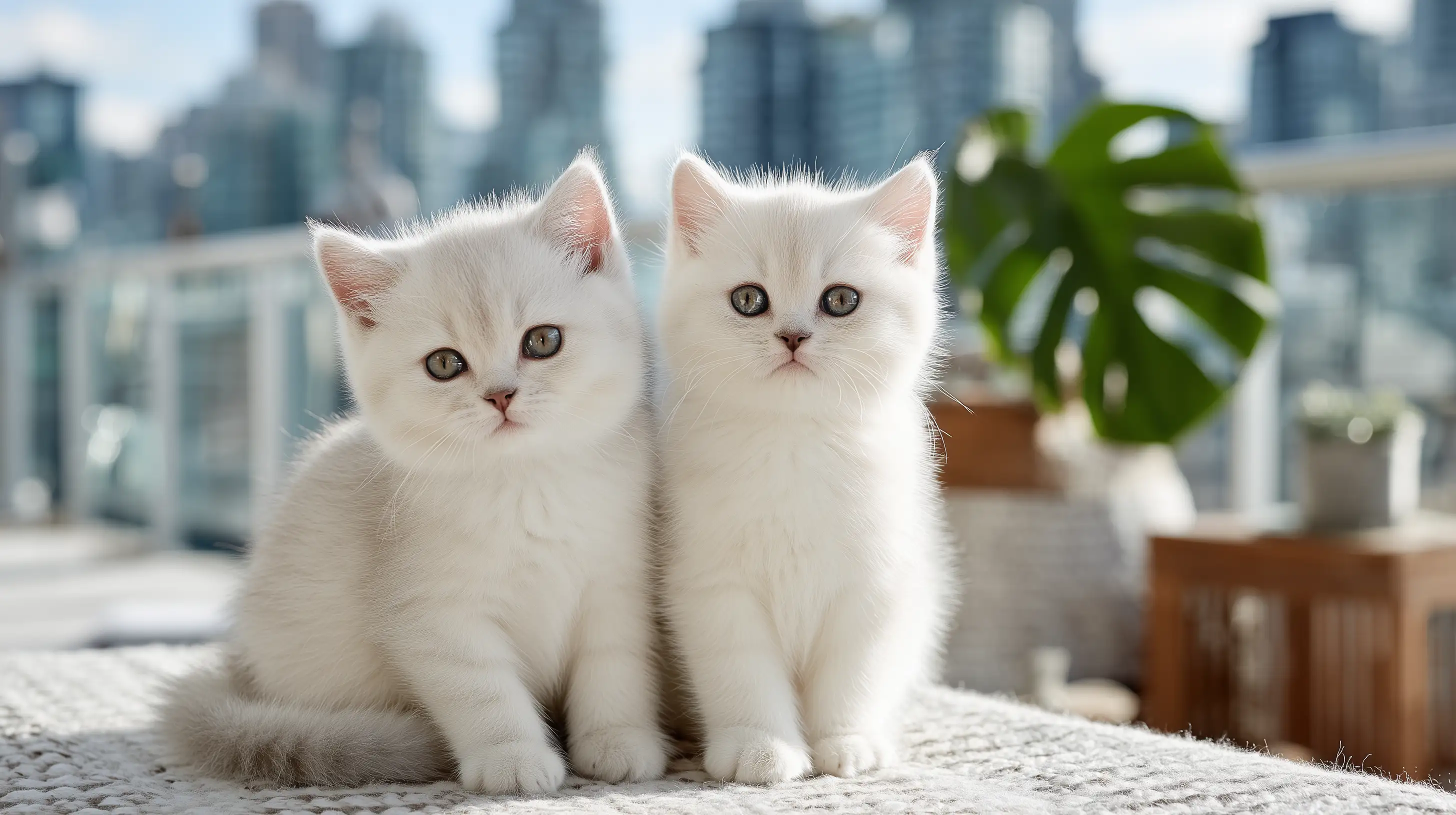 deux chatons blanc assis sur la terasse extrérieure en plein soleil