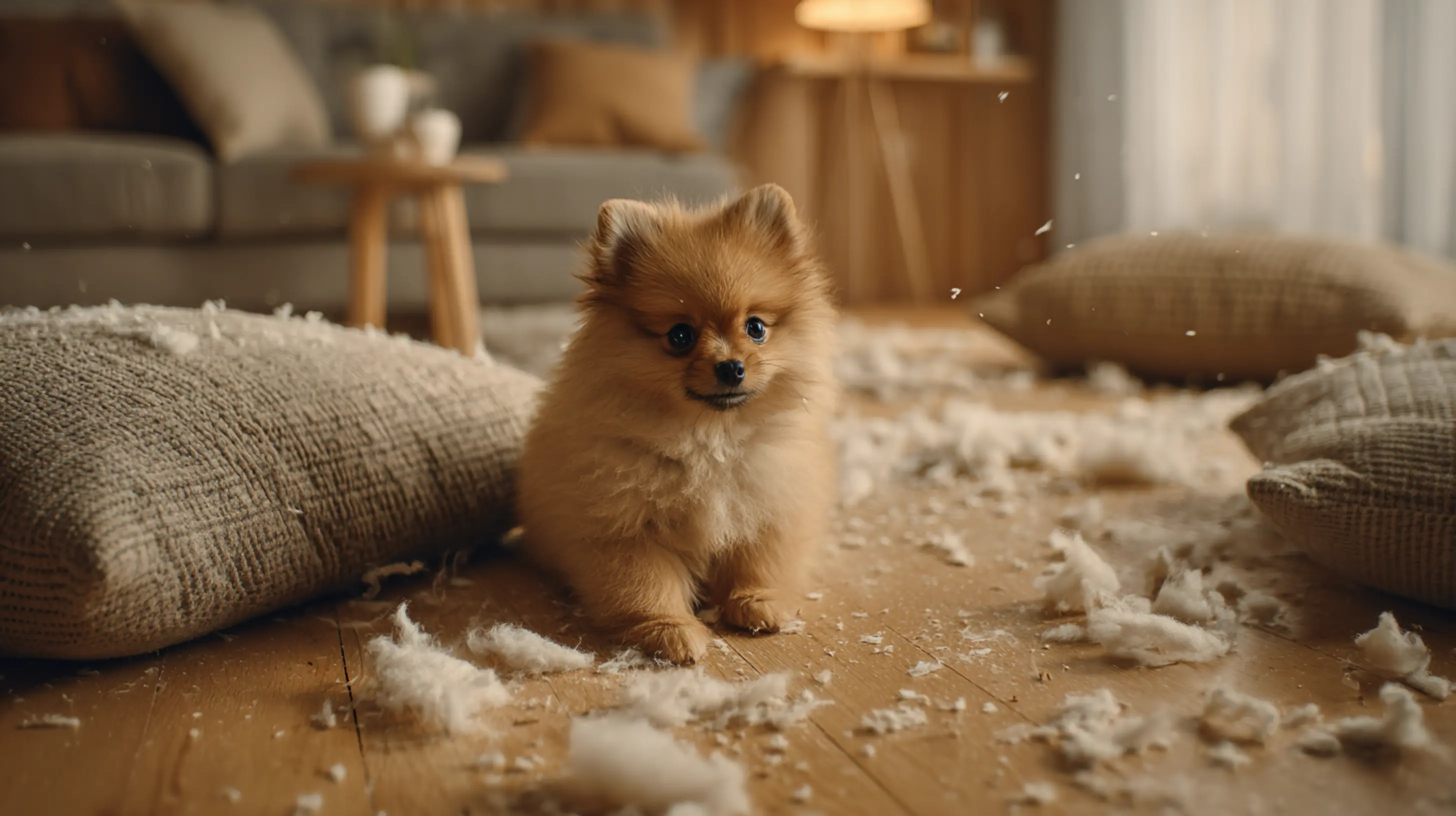 Un chiot laissé tout seul à la maison a déchiré les coussins