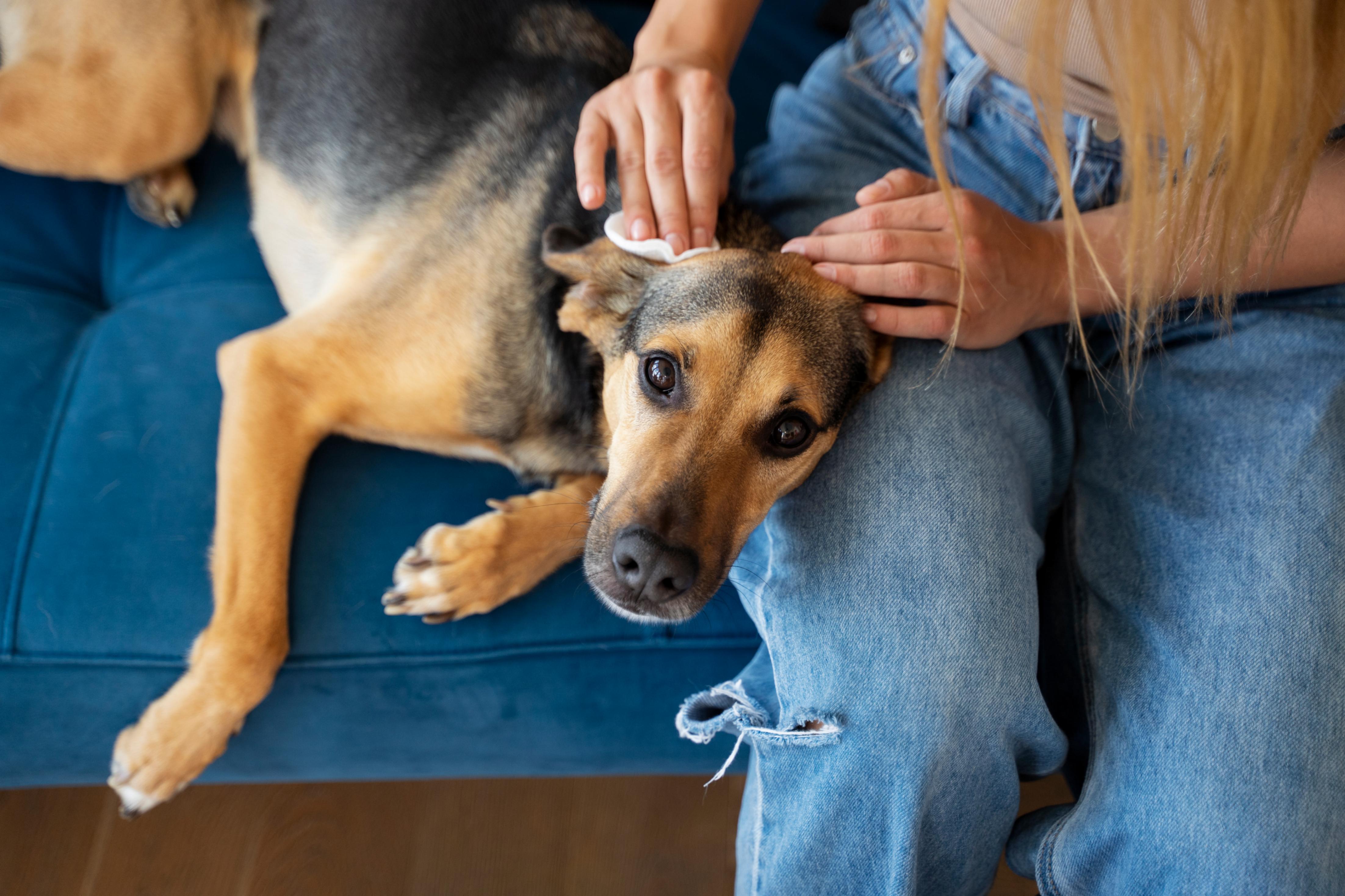 Un soin à domicile pour un jeune chien couché sur les genoux de sa maman