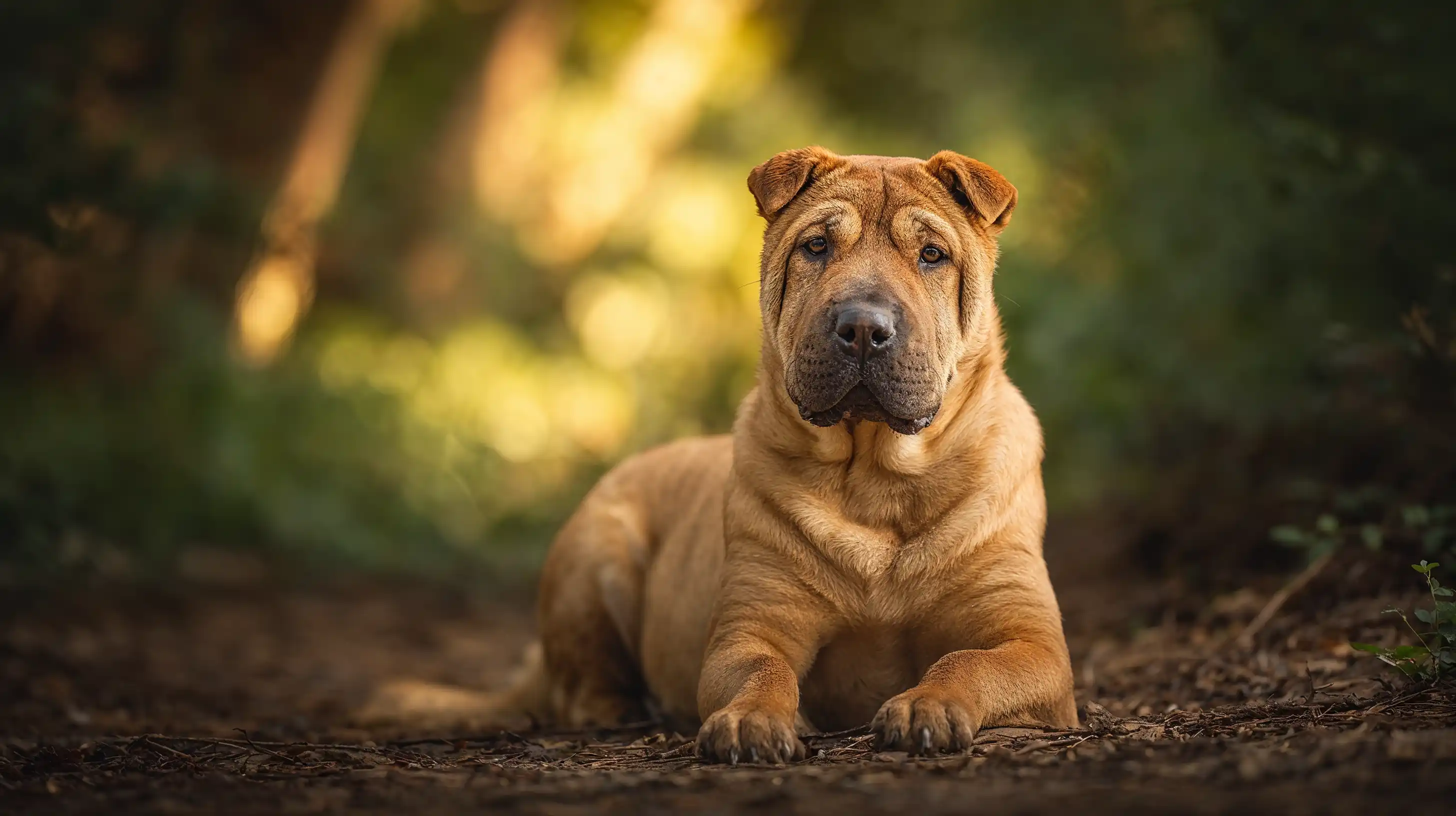 Shar-Pei dans une forêt 