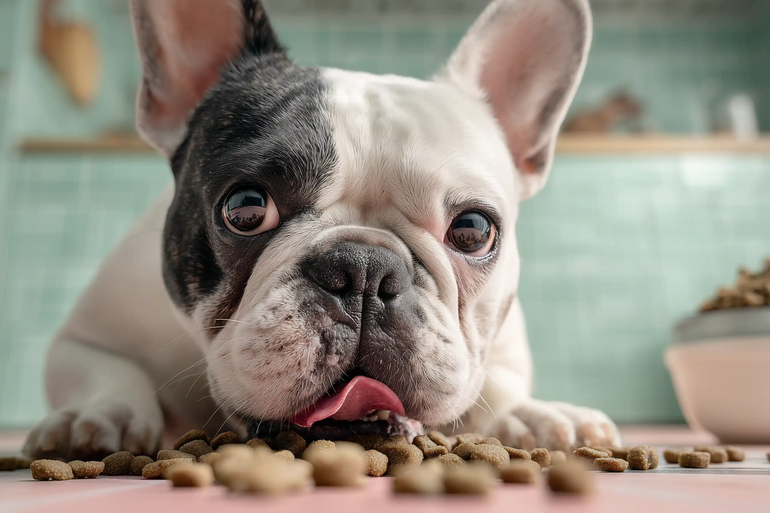 La tête d'un buldogue français devant sa gamelle