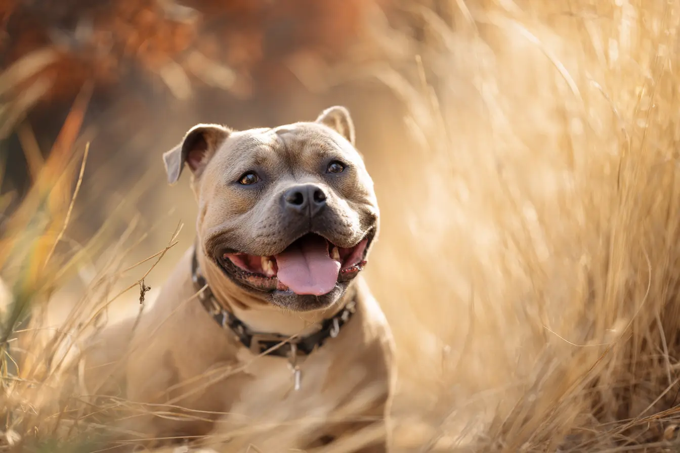American Bully dans un champs de blé