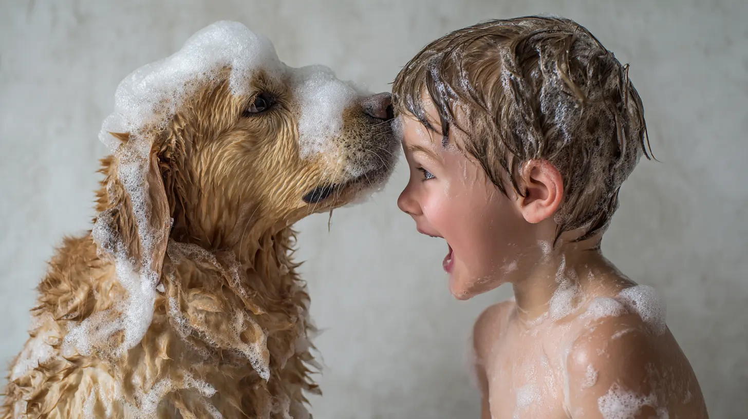 Un bain du chien avec un petit garçon