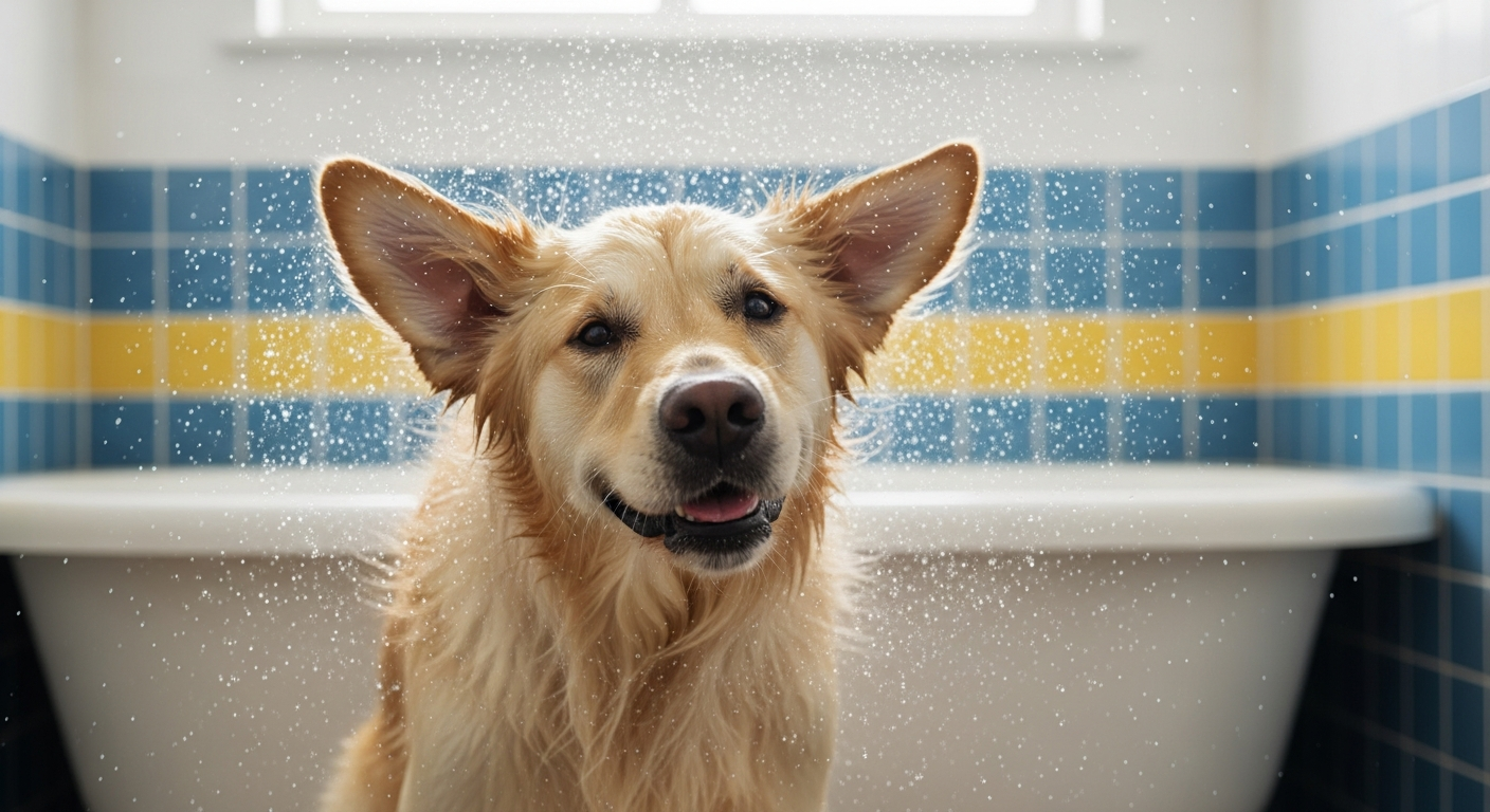 Dog shaking water after bath