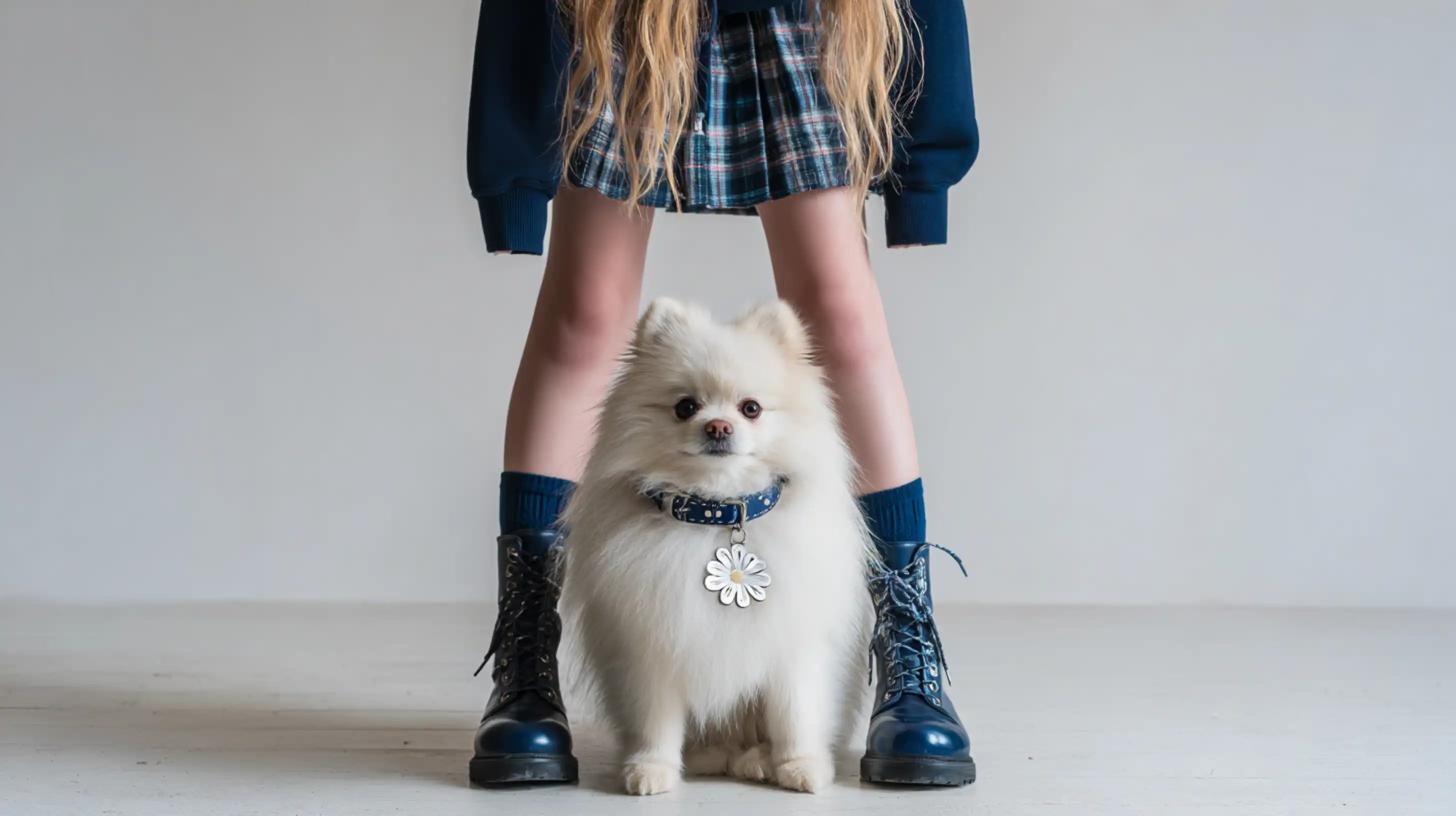 Un petit chien blanc entre les pieds d'une jeune fille