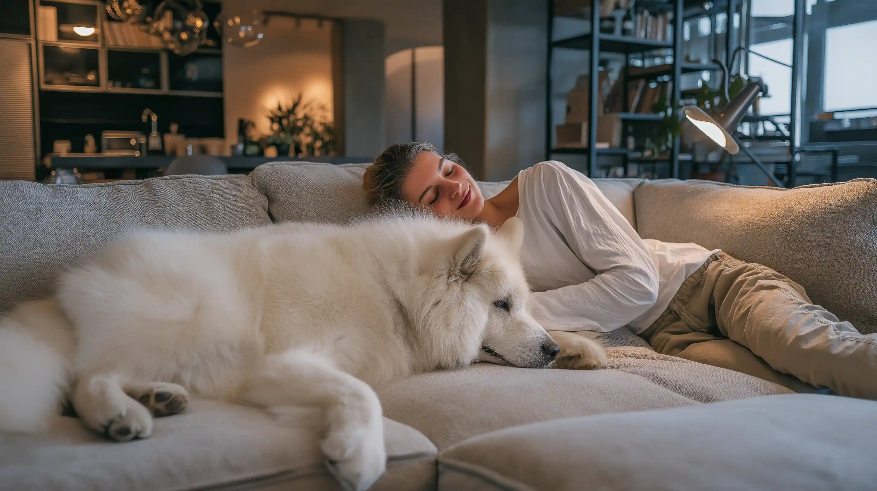 Une fille dort sur son canapé avec à ses côtés un grand chien blanc