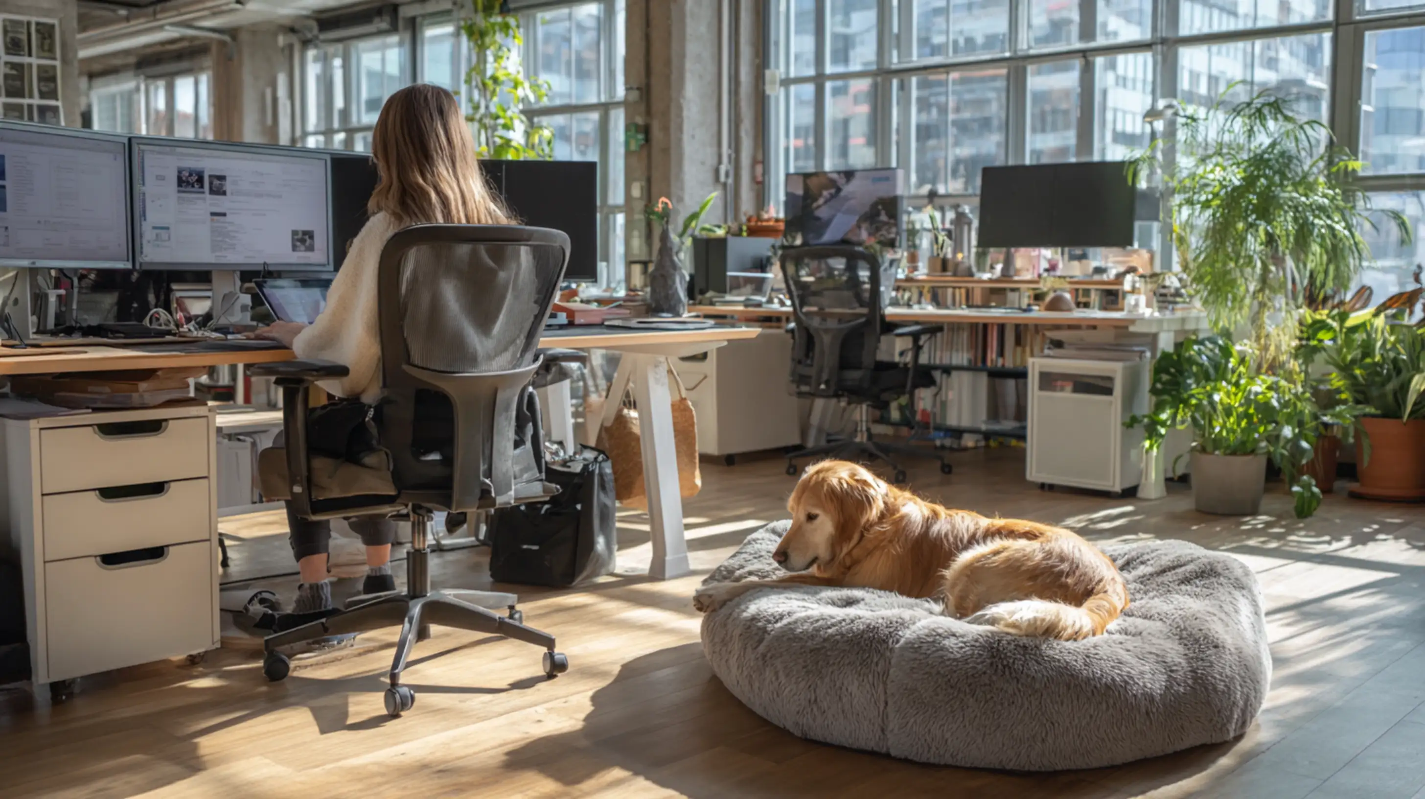 L'intérieur d'un bureau dans un immeuble moderne et la femme assise de dos, son chien l'accompagne allongé dans son couffin